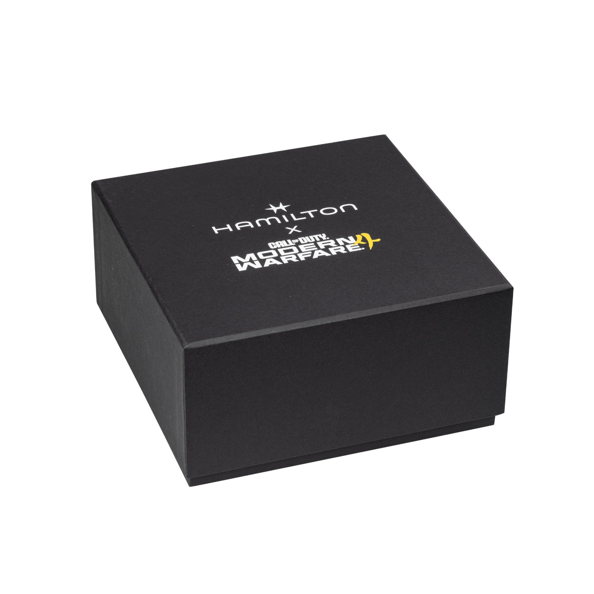 Hamilton Khaki Field Call of Duty H69469930 closed black outer presentation box printed with collaborative logo