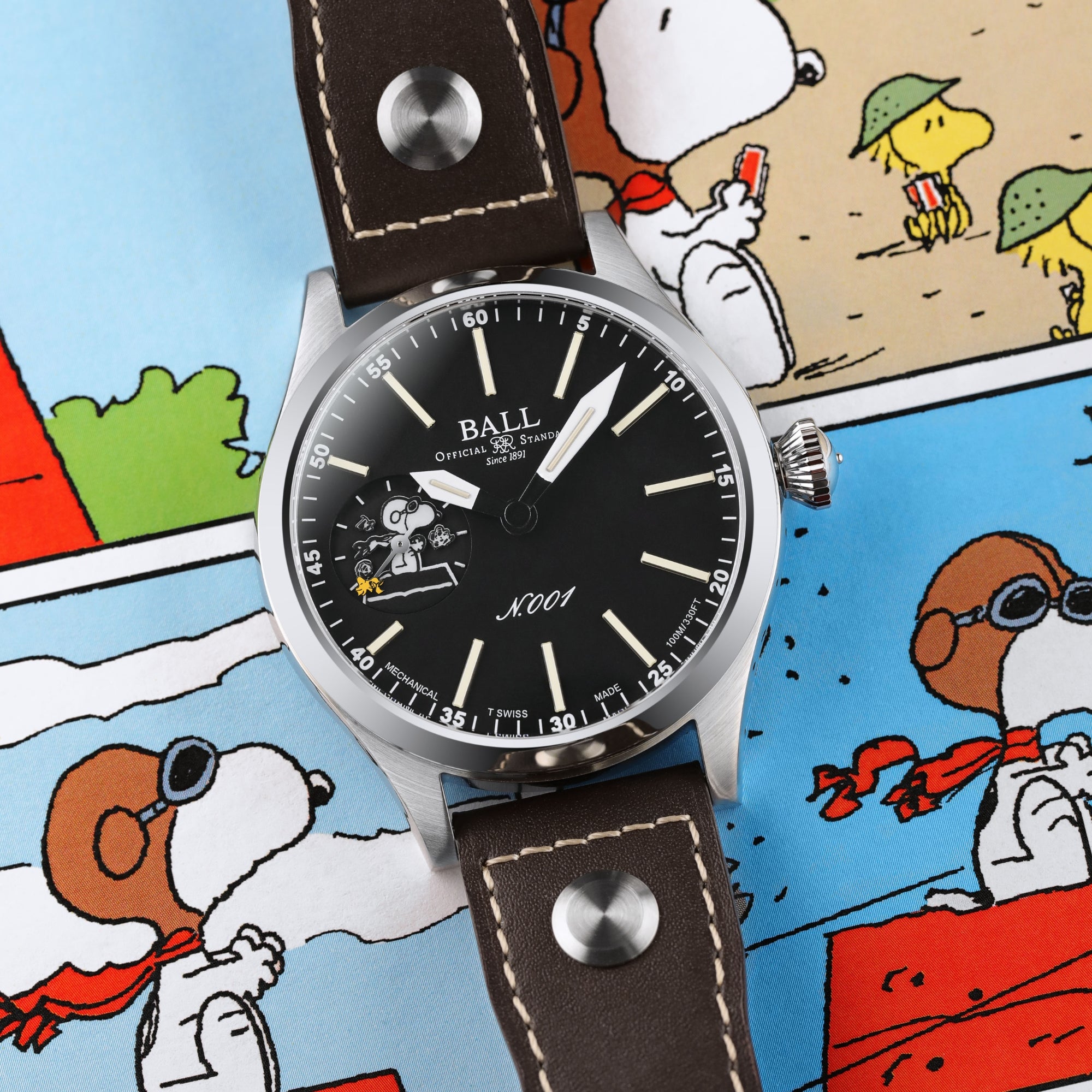BALL Engineer Master II 46mm Snoopy Flying Ace Limited Edition Black Dial Leather Mens Manual-Wind Watch NM2638C-L2J-BK