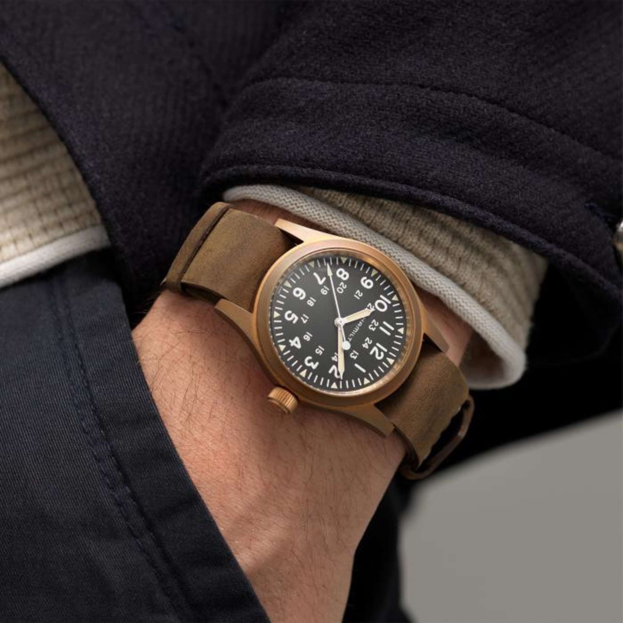 Hamilton Khaki Field 38mm Bronze Black Dial Leather Mens Mechanical Watch H69459530