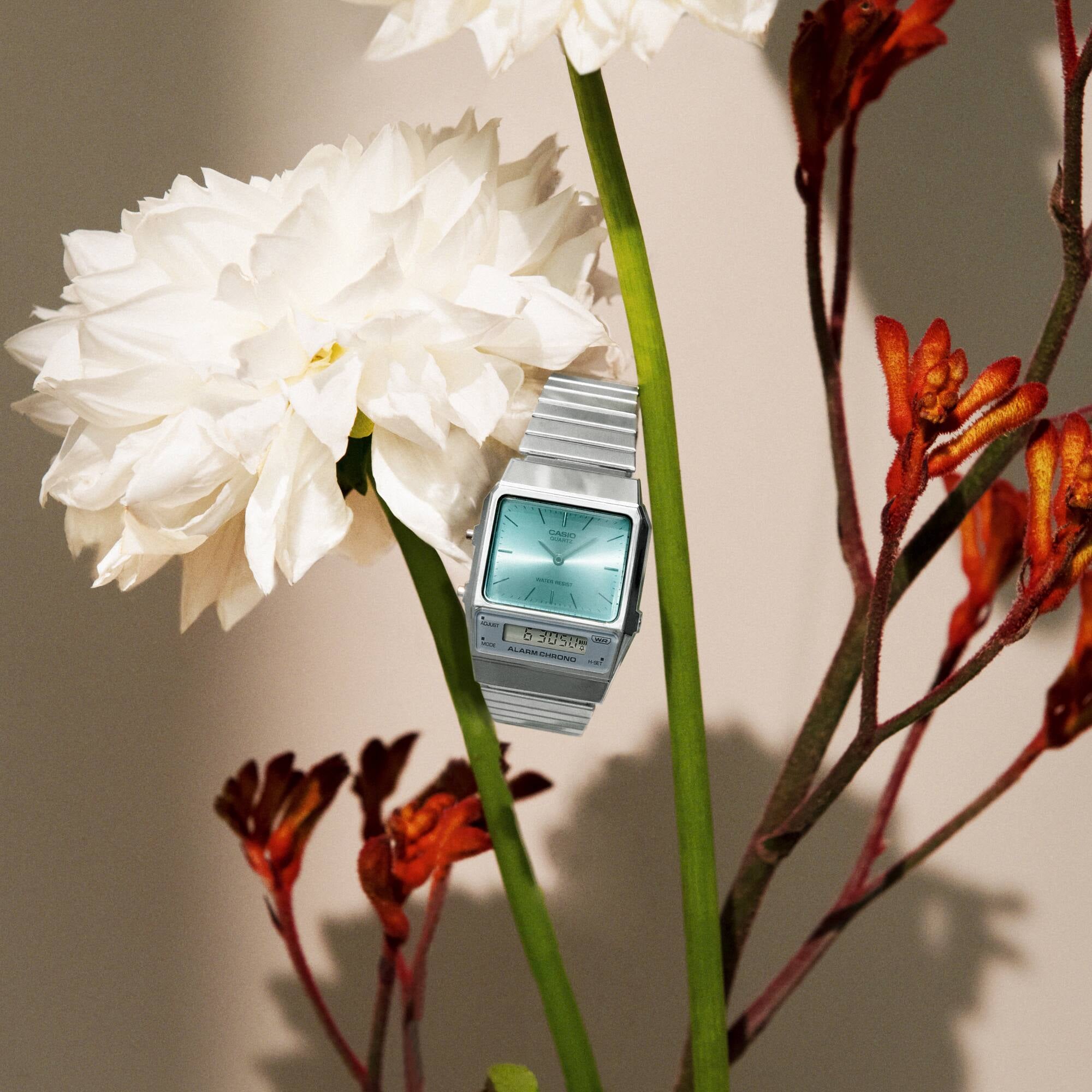 Casio Vintage Edgy Turquoise Dial Steel Strap Watch AQ-800EC-2AEF