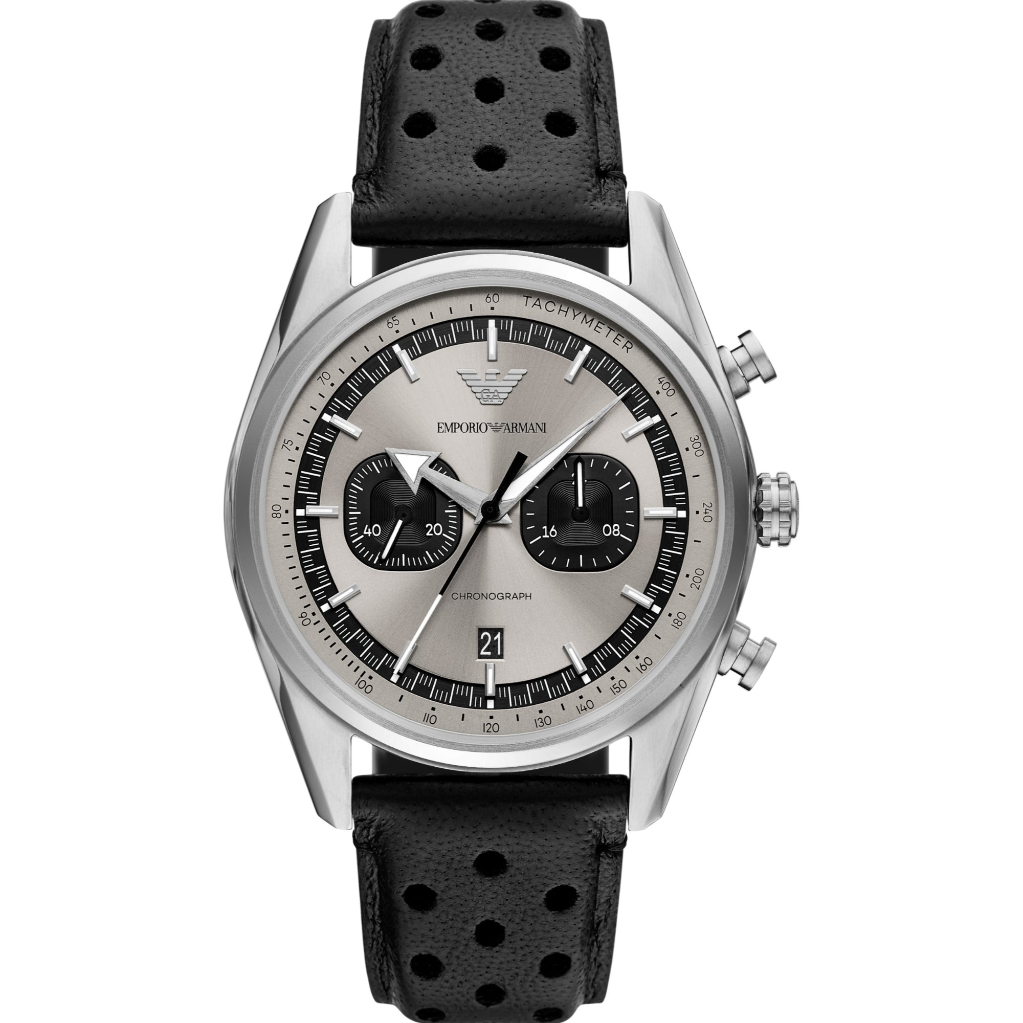 Emporio Armani Gianni T-Bar 42mm Chronograph Graues Zifferblatt Leder Herren Quarzuhr AR11677