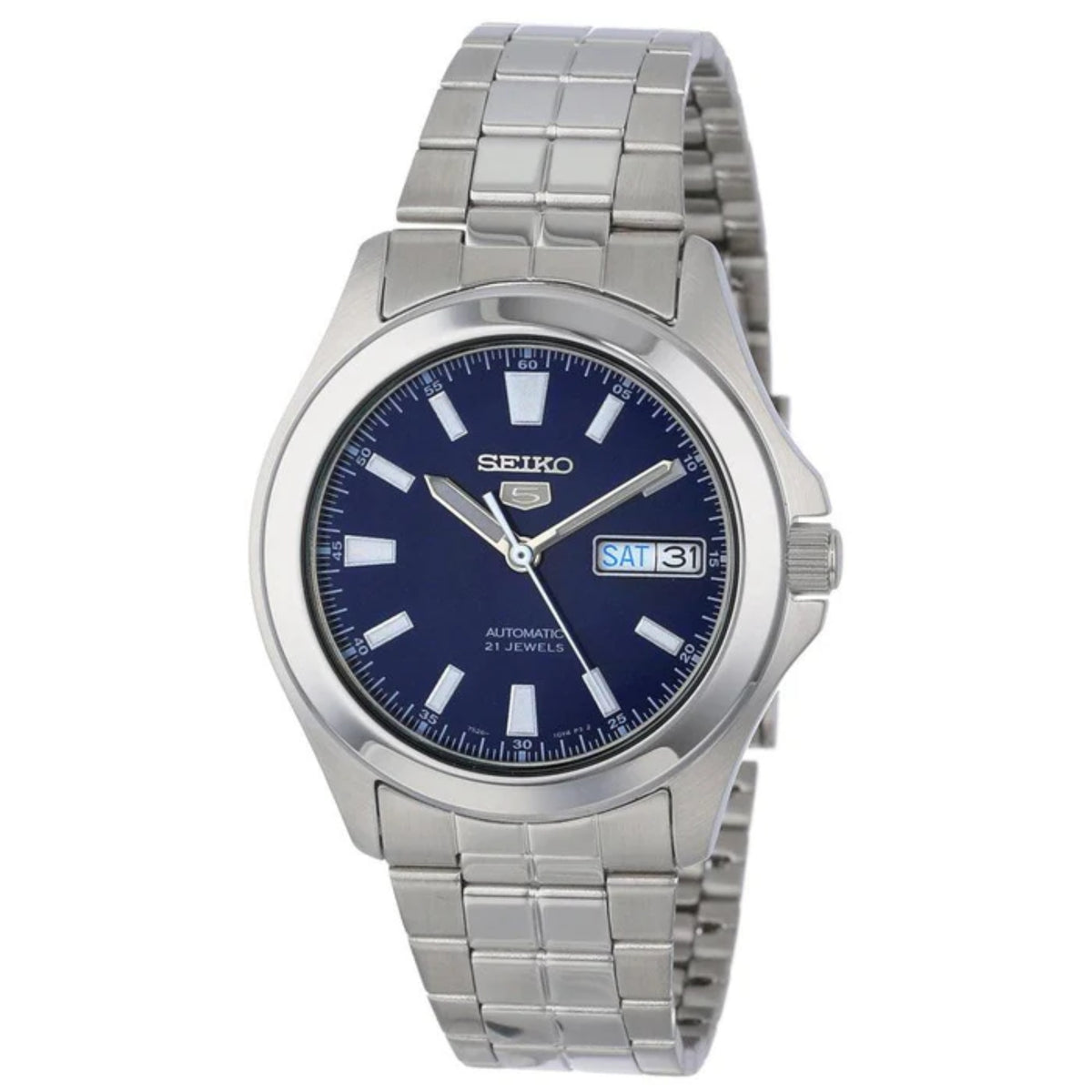 Men's stainless-steel automatic watch with navy dial and link bracelet, date display