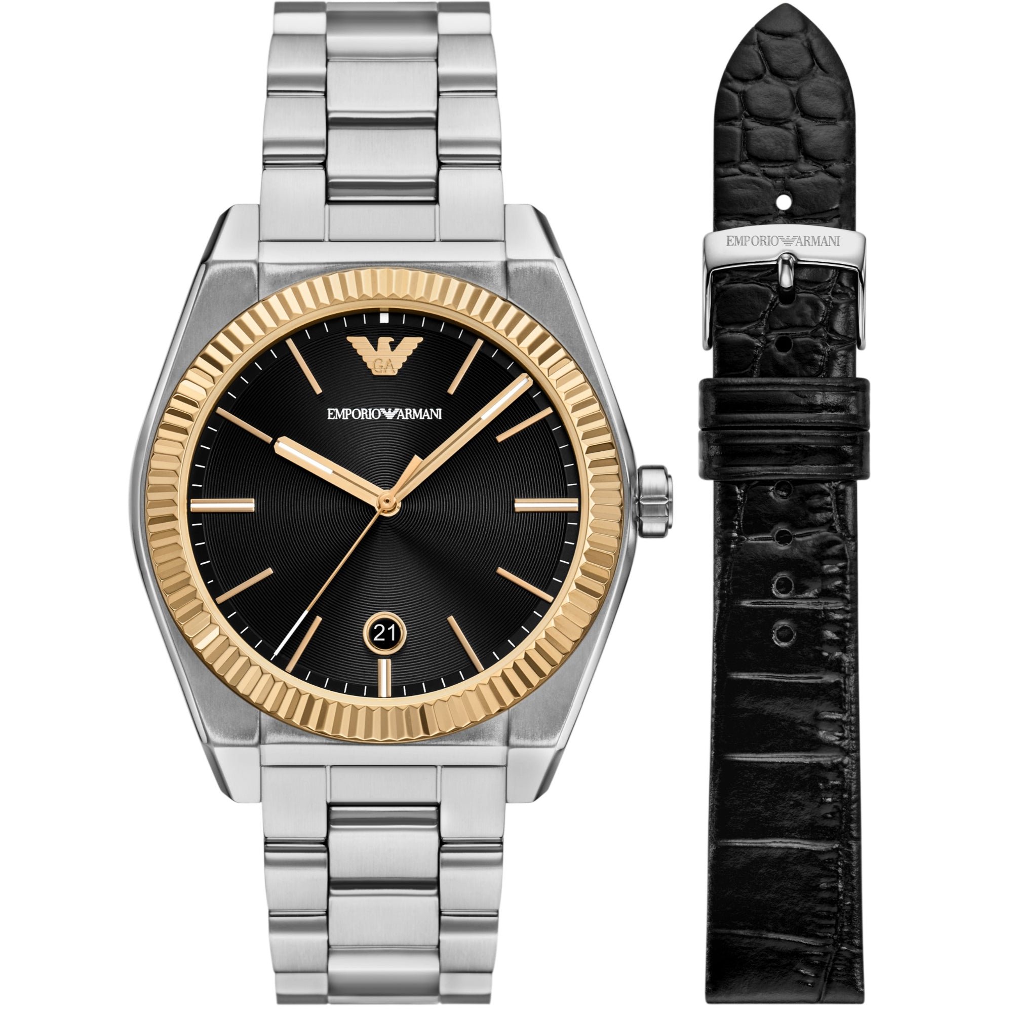 Emporio Armani Gianni T-Bar 41mm Black Dial Steel Leather Mens Quartz Watch and Bracelet AR80077SET