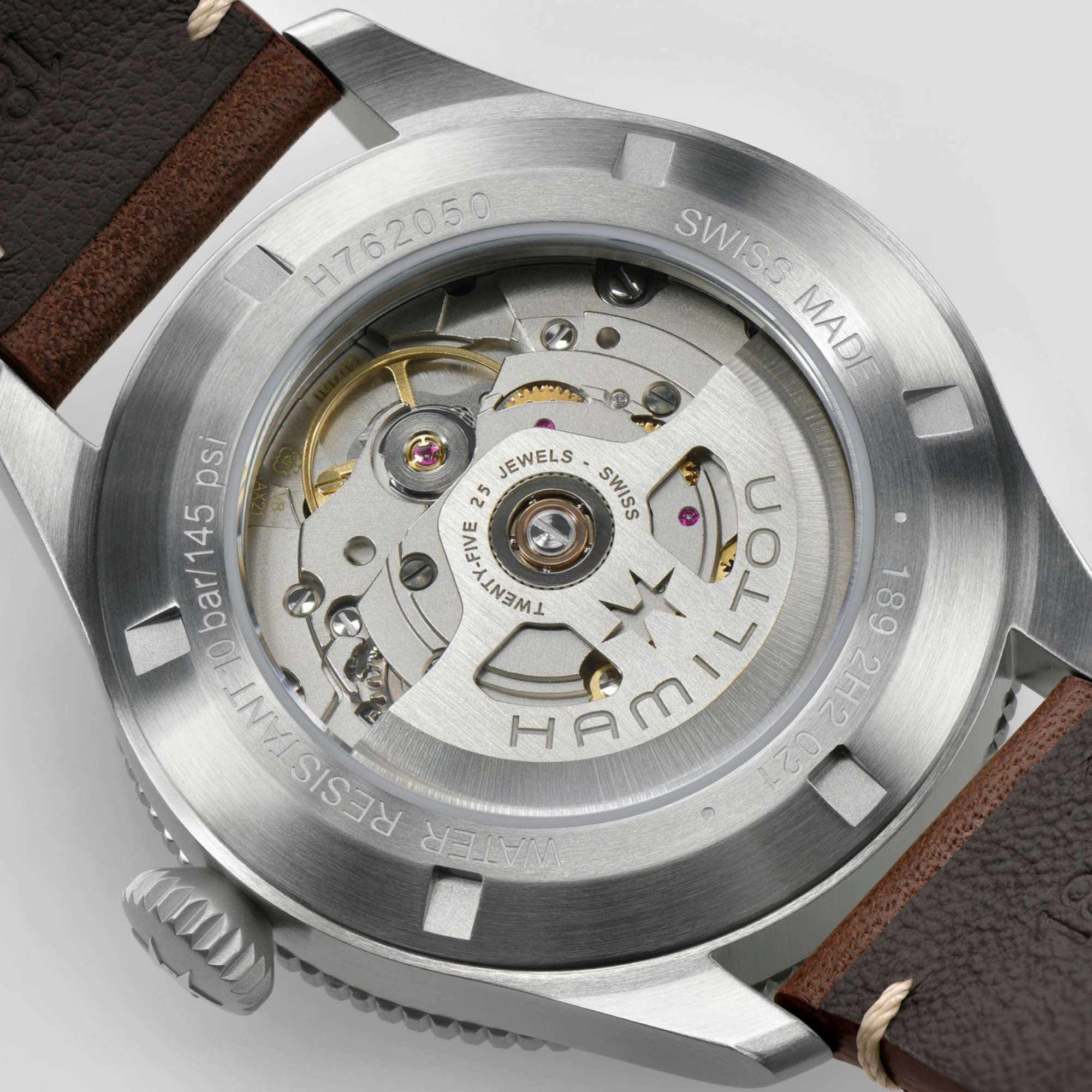 Hamilton Khaki Aviation H76205530 display case back revealing H-10 movement