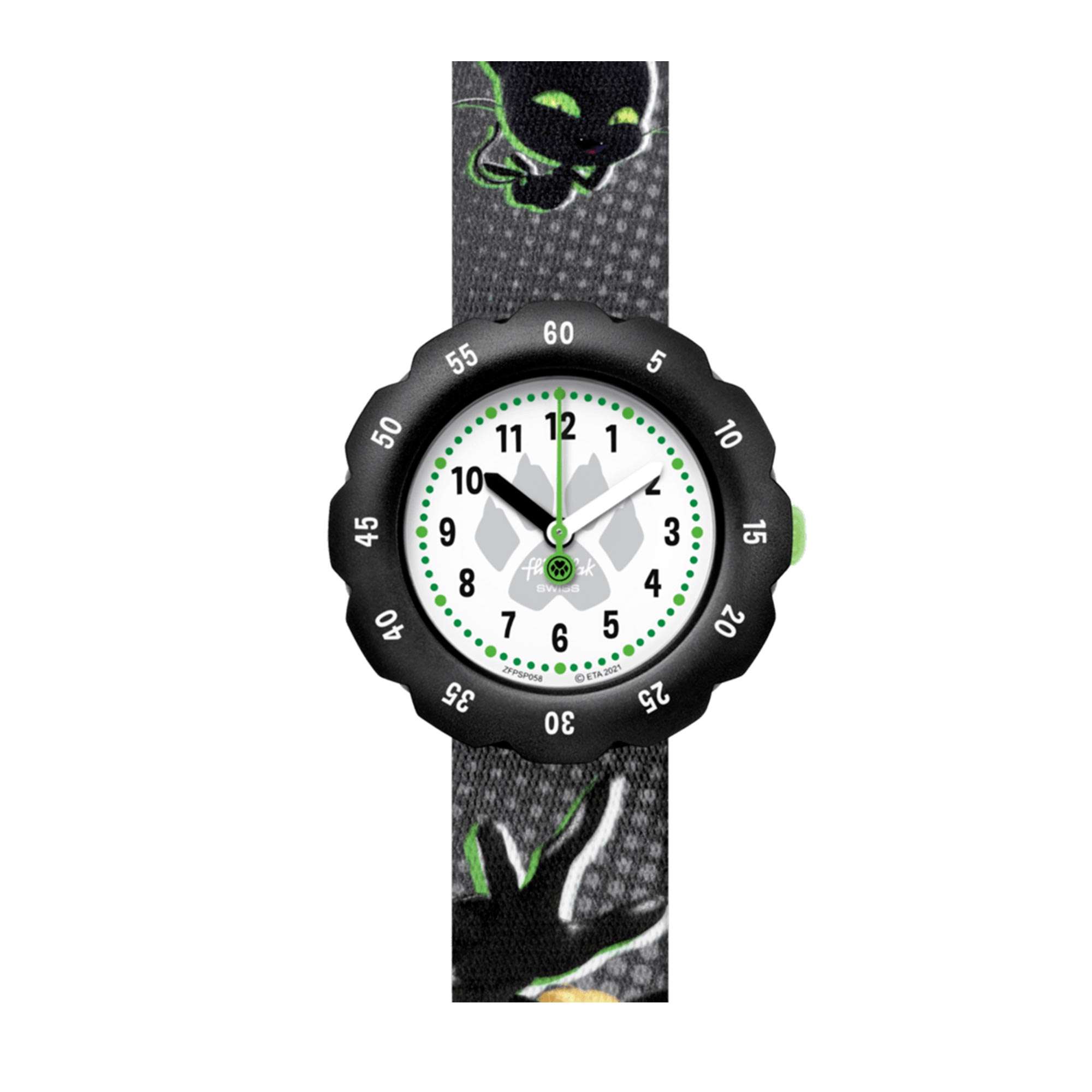 Flik-Flak Cat Noir Quarz Weißes Zifferblatt Schwarzes Kunststoffarmband Kinder Uhr FPSP058