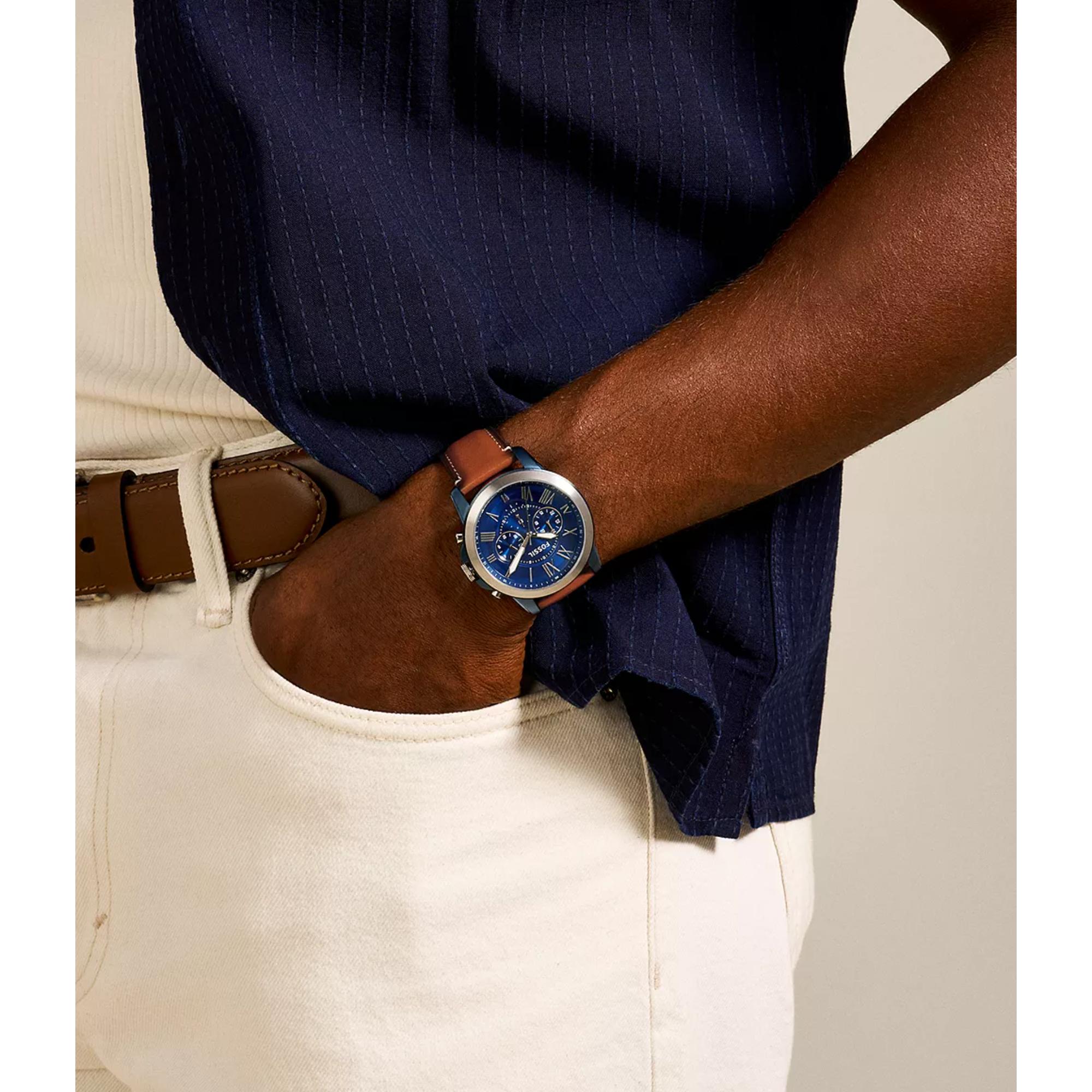 Fossil Grant 44mm Chronograph Blue Dial Leather Mens Quartz Watch FS5151
