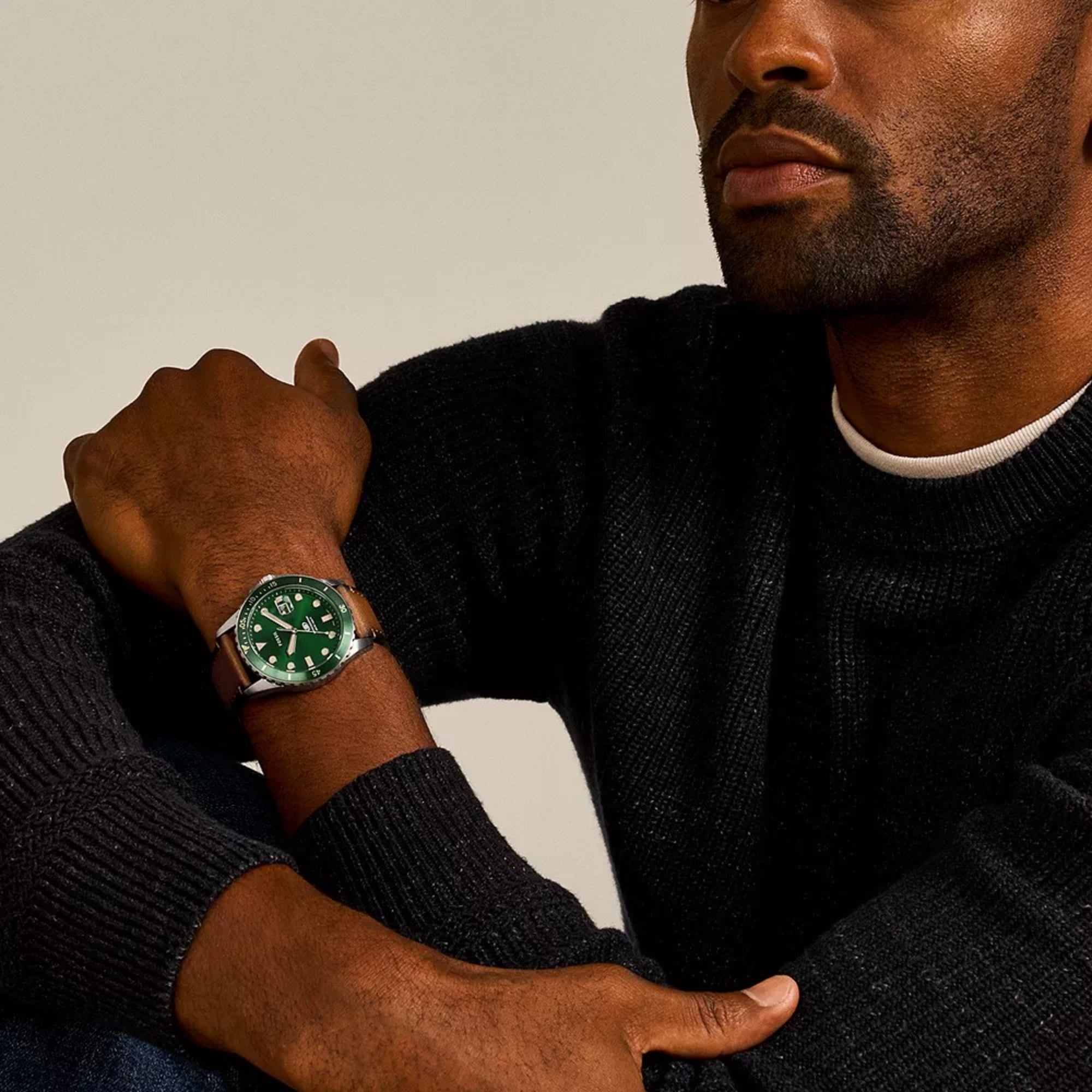 Fossil Blue Dive 42mm Green Dial Leather Mens Quartz Watch FS5946
