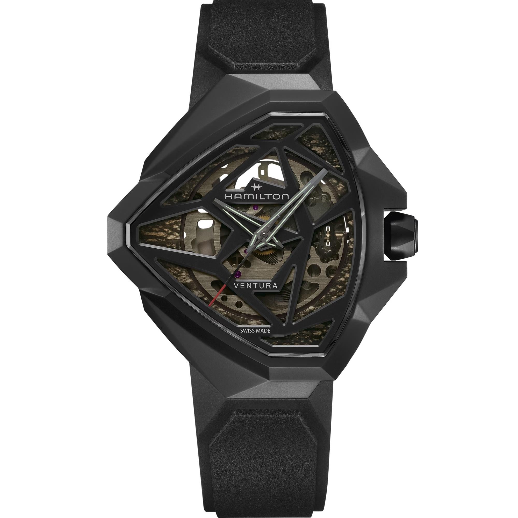 Front view of the Hamilton Ventura 51mm skeleton black dial rubber mens automatic watch H24645330