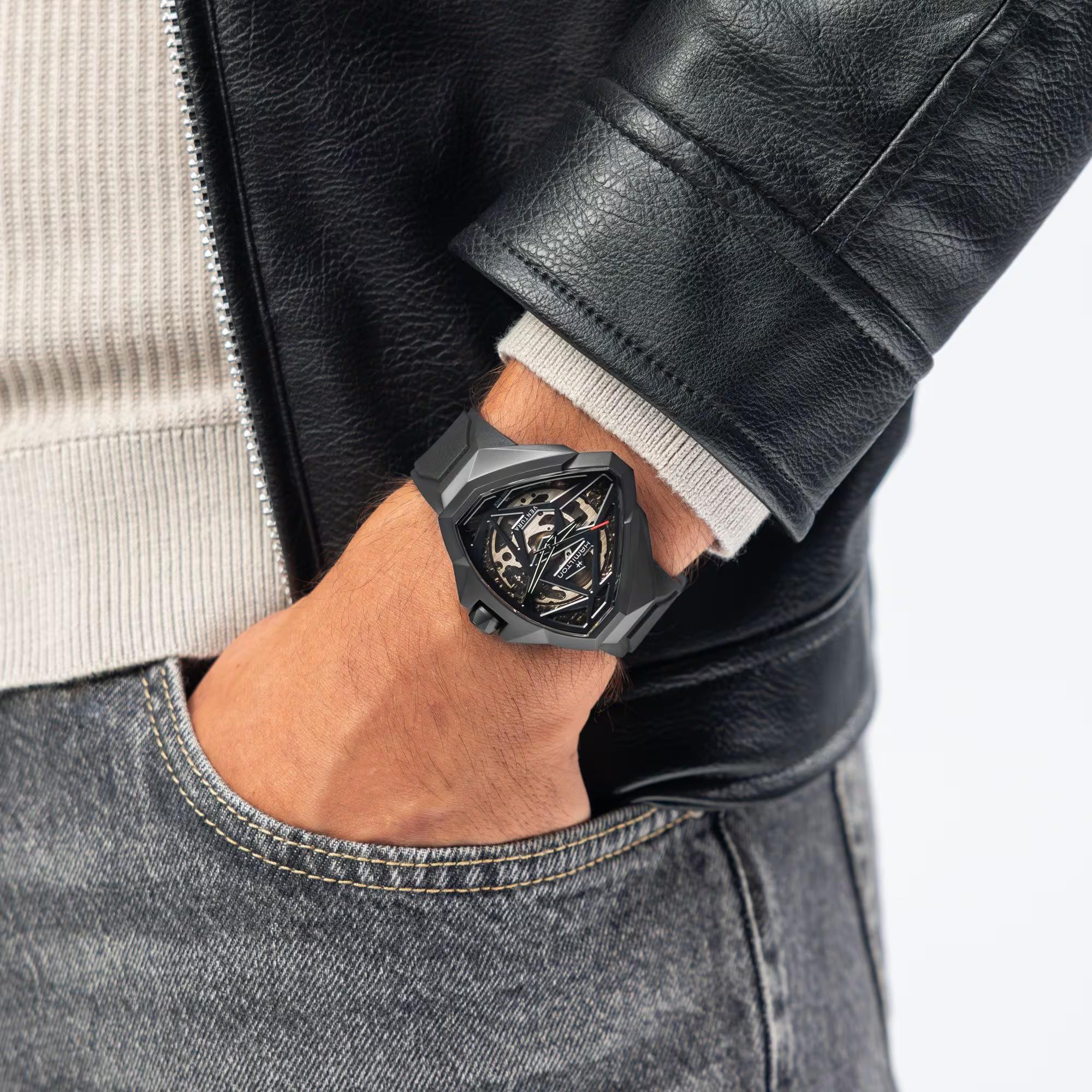 Hamilton Ventura 51mm skeleton black dial mens automatic watch H24645330 on a man's wrist