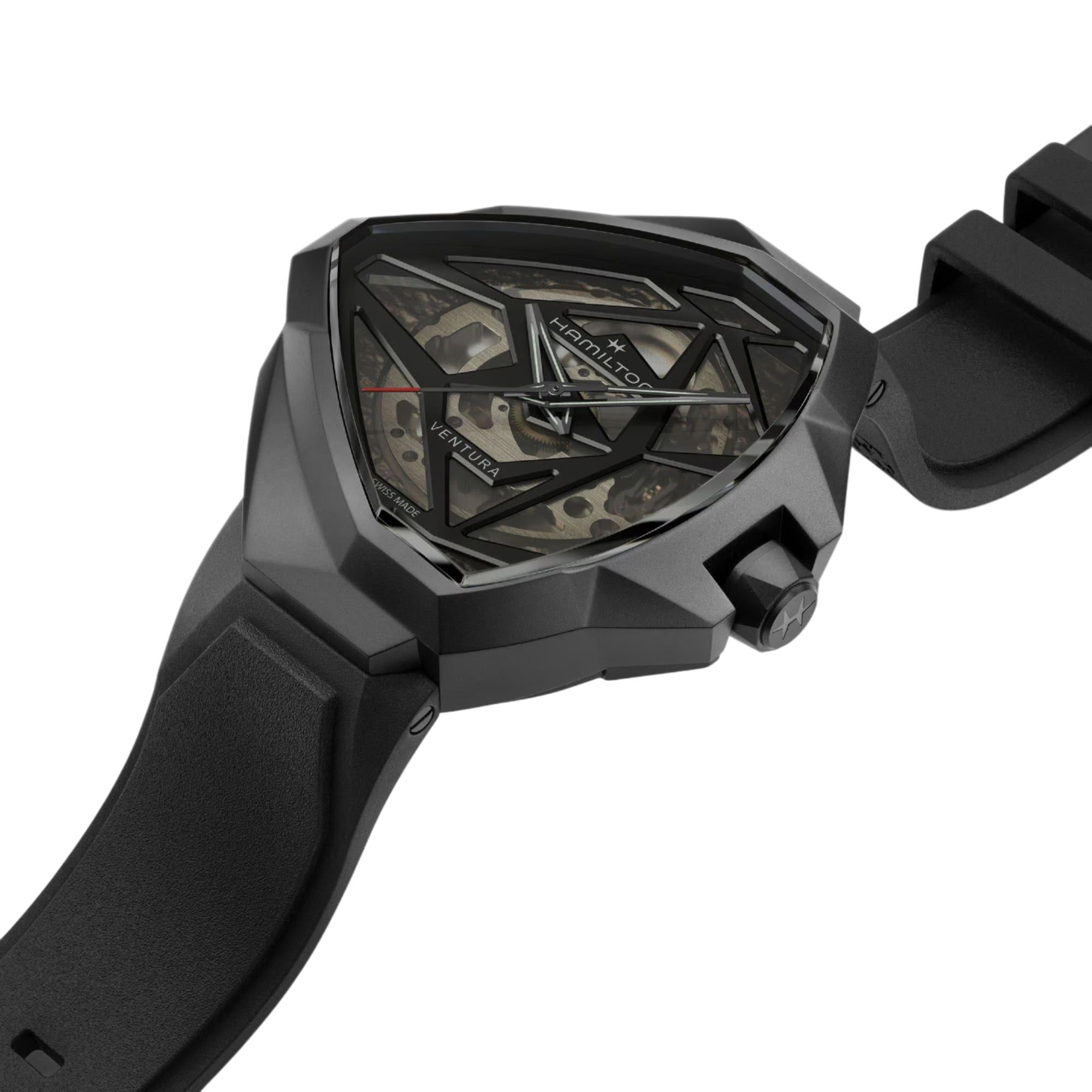 Close-up view of Hamilton Ventura automatic watch H24645330, highlighting case design and transparent skeleton dial with visible automatic movement