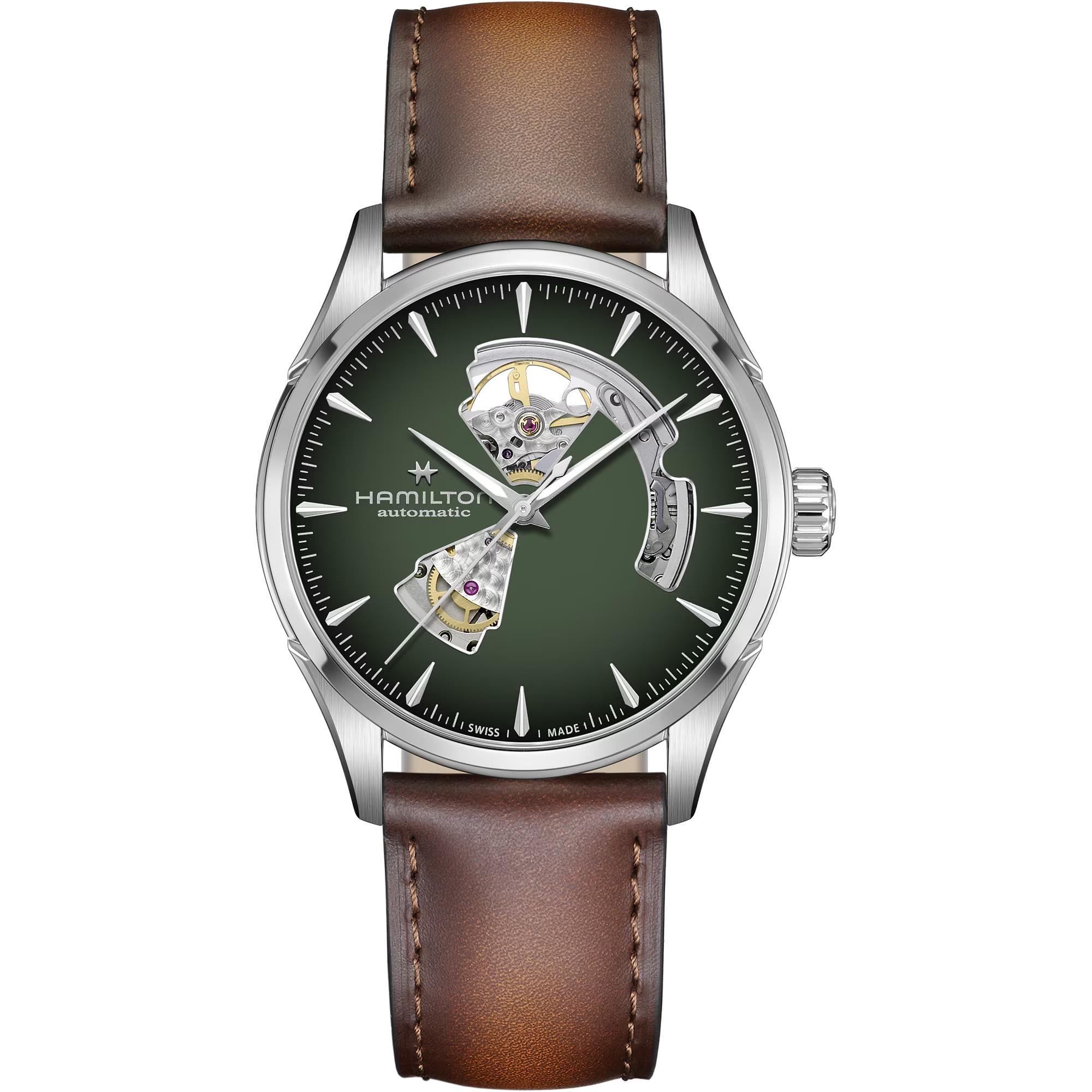  Hamilton Jazzmaster 42mm Open Heart gradient green dial leather automatic watch H32705560 front view  