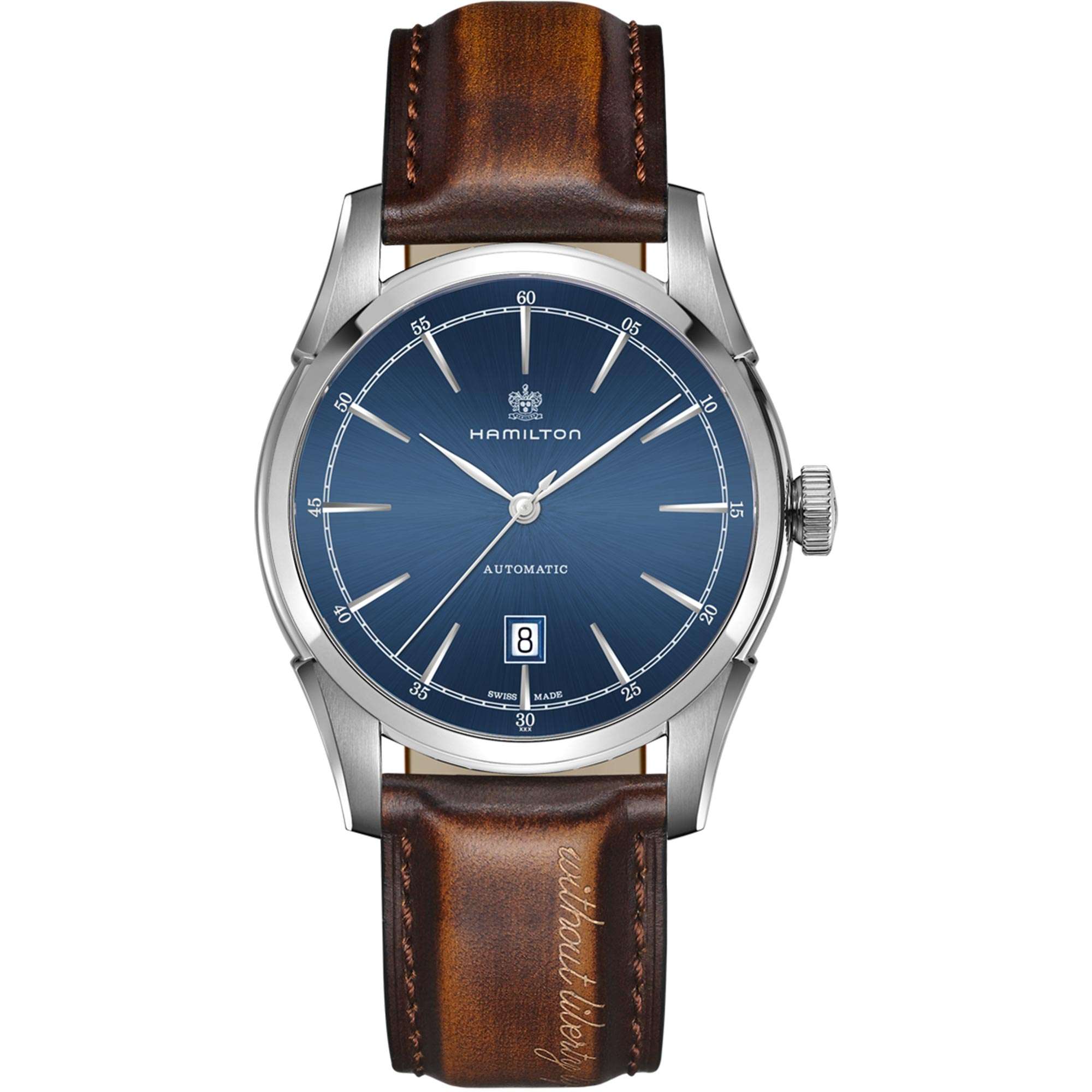 Hamilton Spirit of Liberty blue dial leather automatic watch H42415541 front view
