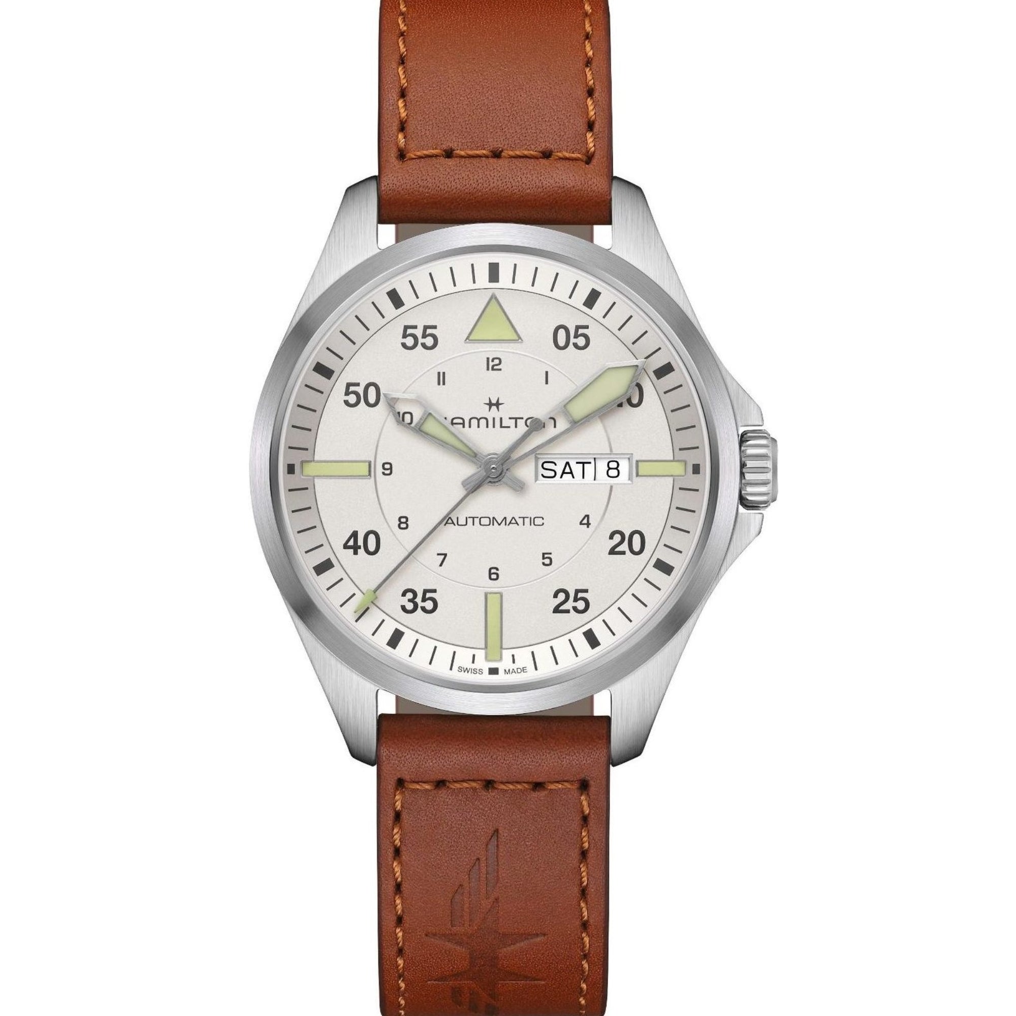 Hamilton Khaki Aviation 42mm silver dial leather automatic watch H64635550 front view 
