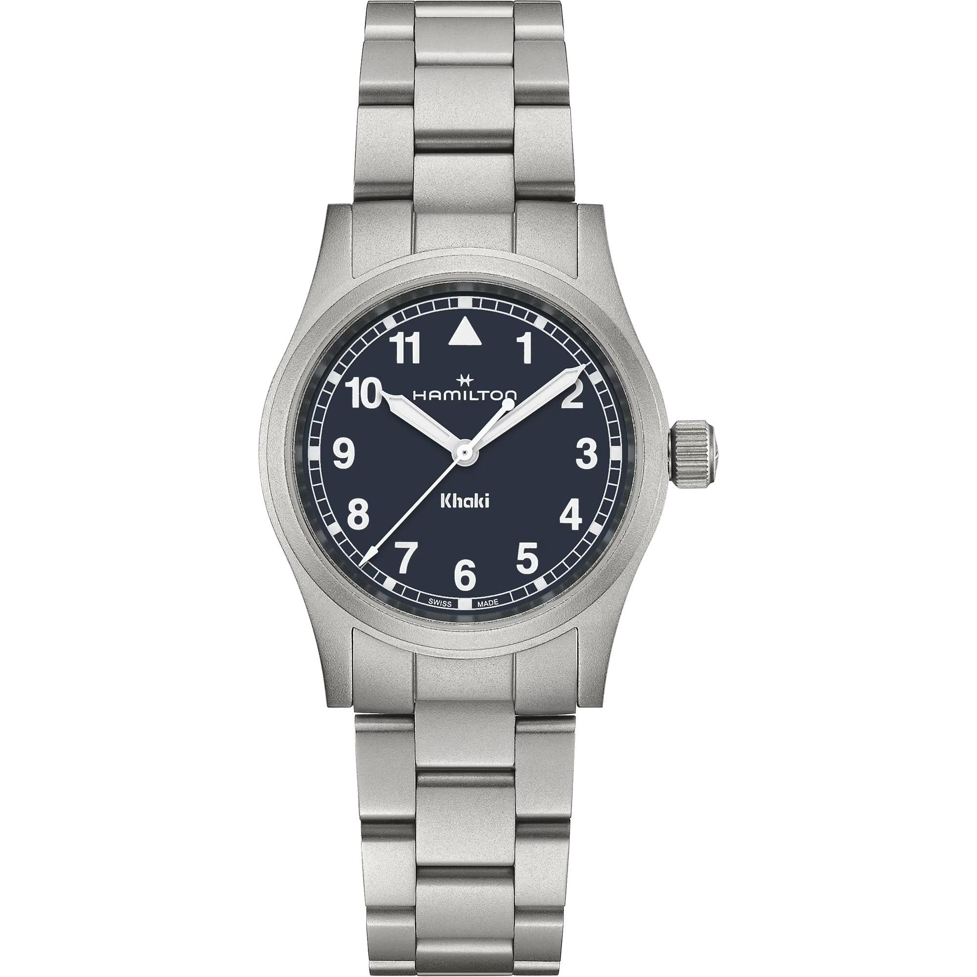 Hamilton Khaki Field 33mm matte blue dial steel bracelet ladies quartz watch H69301140 front view
