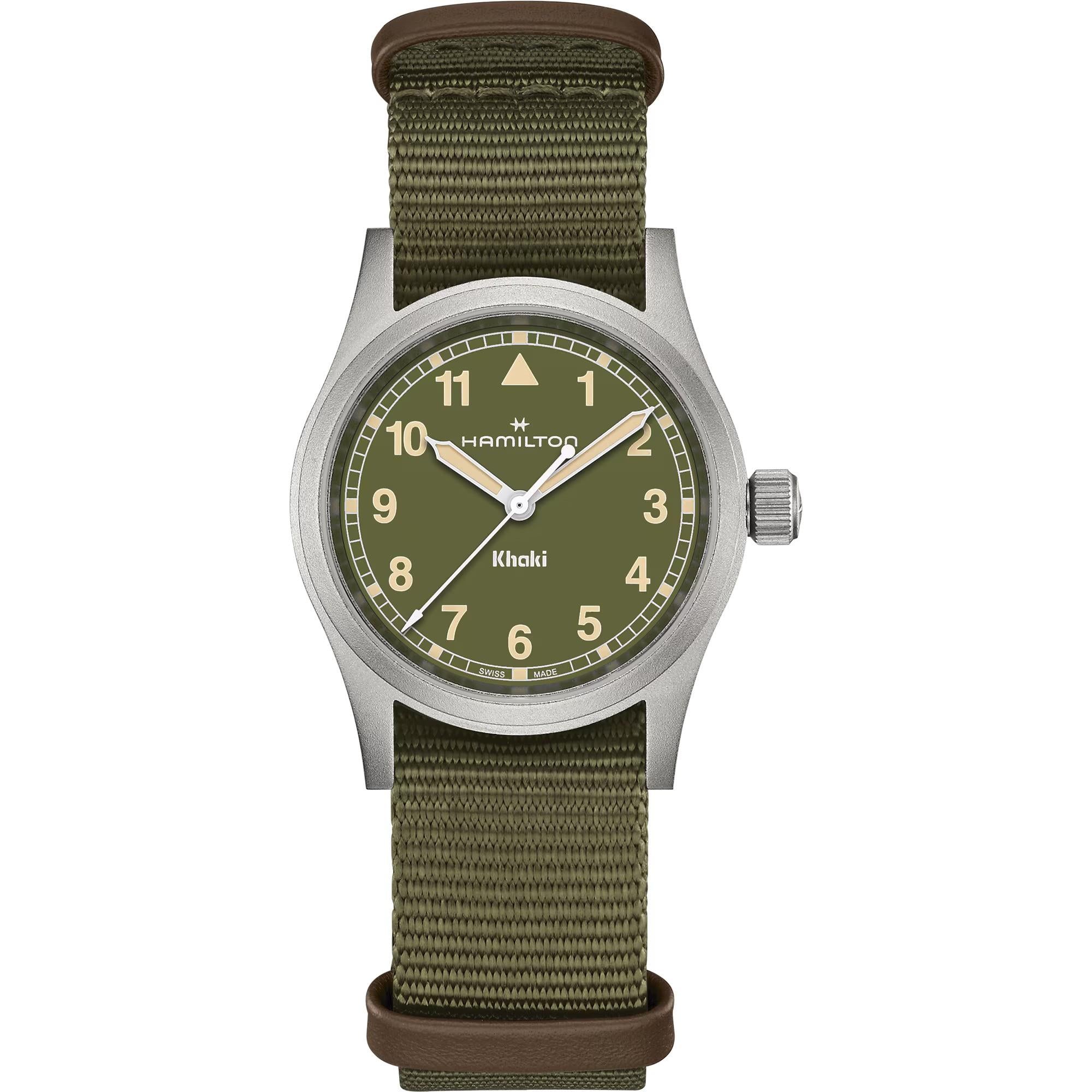 Hamilton Khaki Field 33mm green dial NATO quartz watch H69301960 front view 