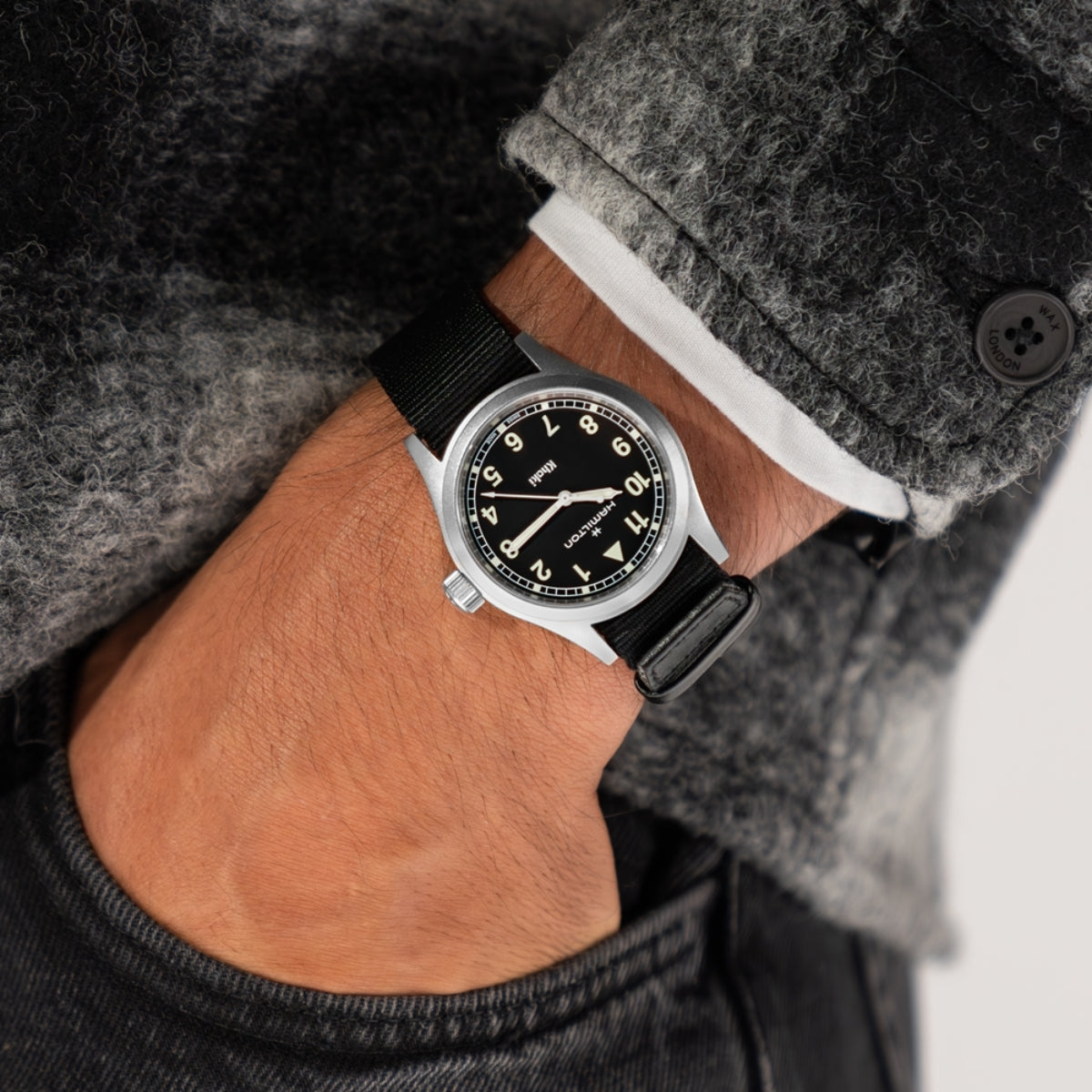 Hamilton Khaki Field 33mm black dial NATO Quartz watch worn on wrist H69301430