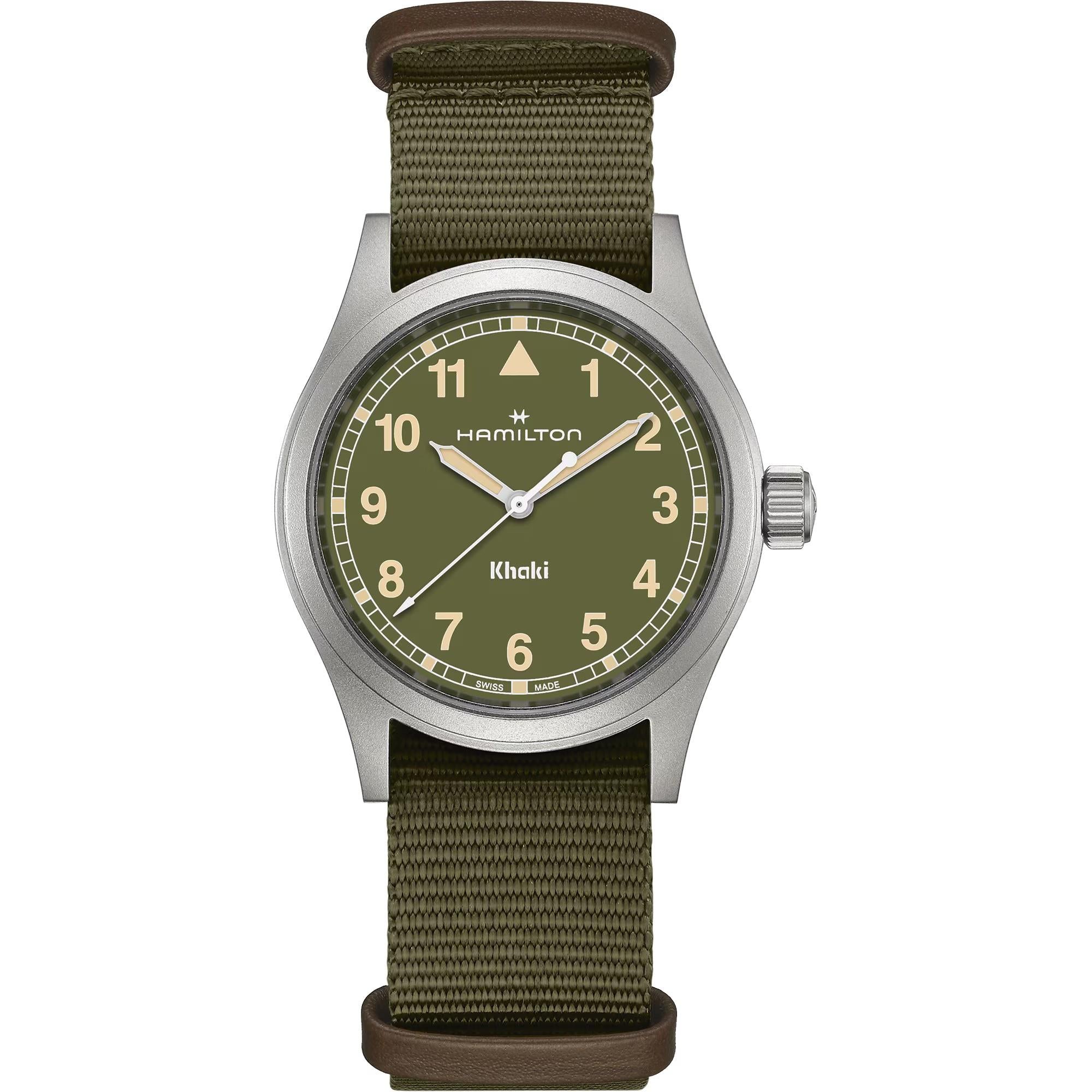 Hamilton Khaki Field 38mm Green Dial NATO Quartz watch H69401960 front view