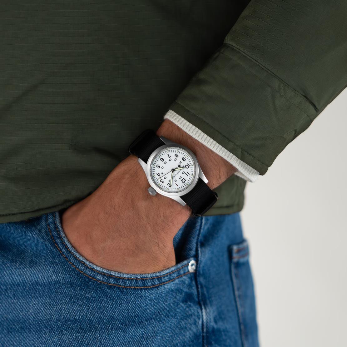 Hamilton Khaki Field 38mm White Dial NATO Mechanical watch on wrist H69439910