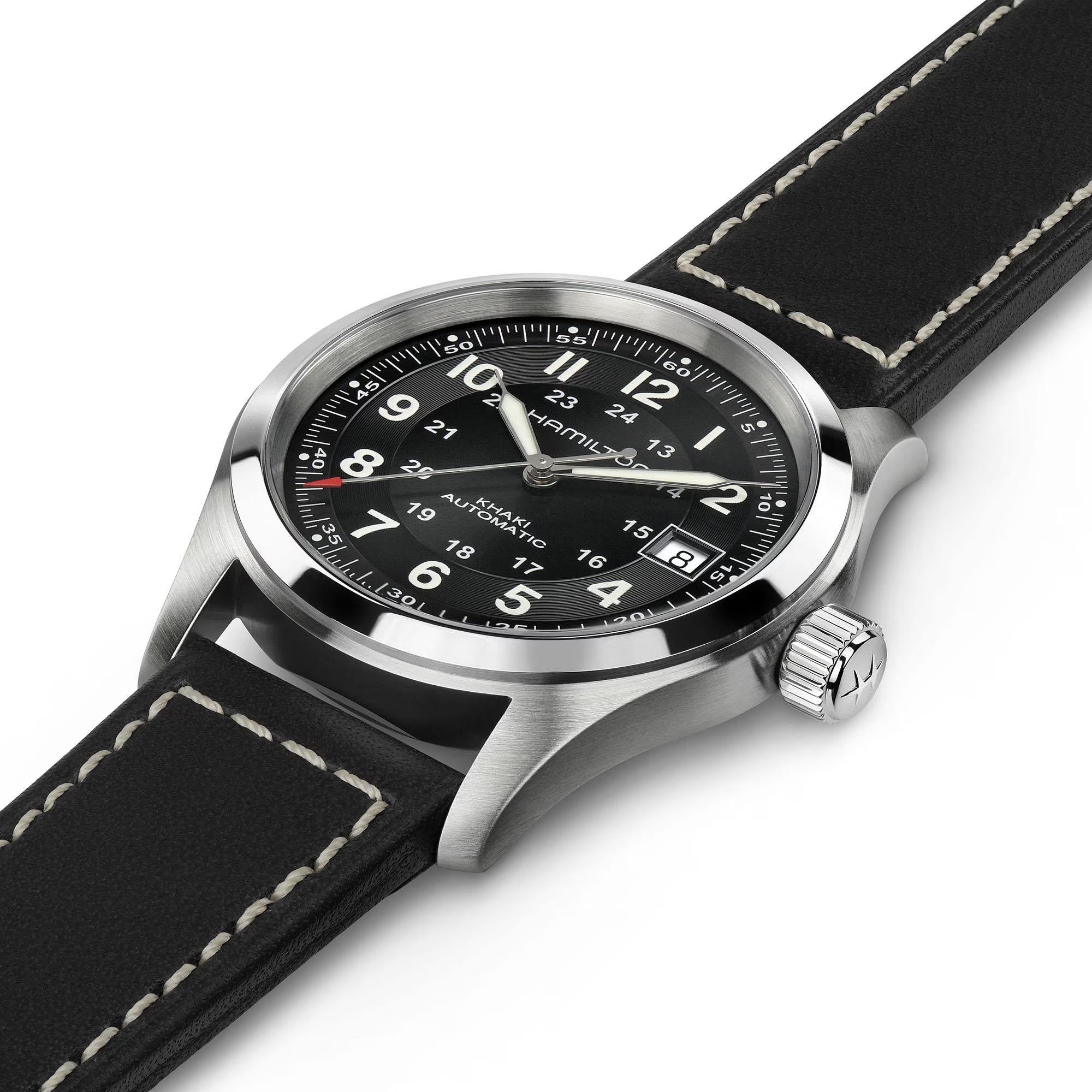 Hamilton Khaki Field H70455733 black dial and black leather strap detail