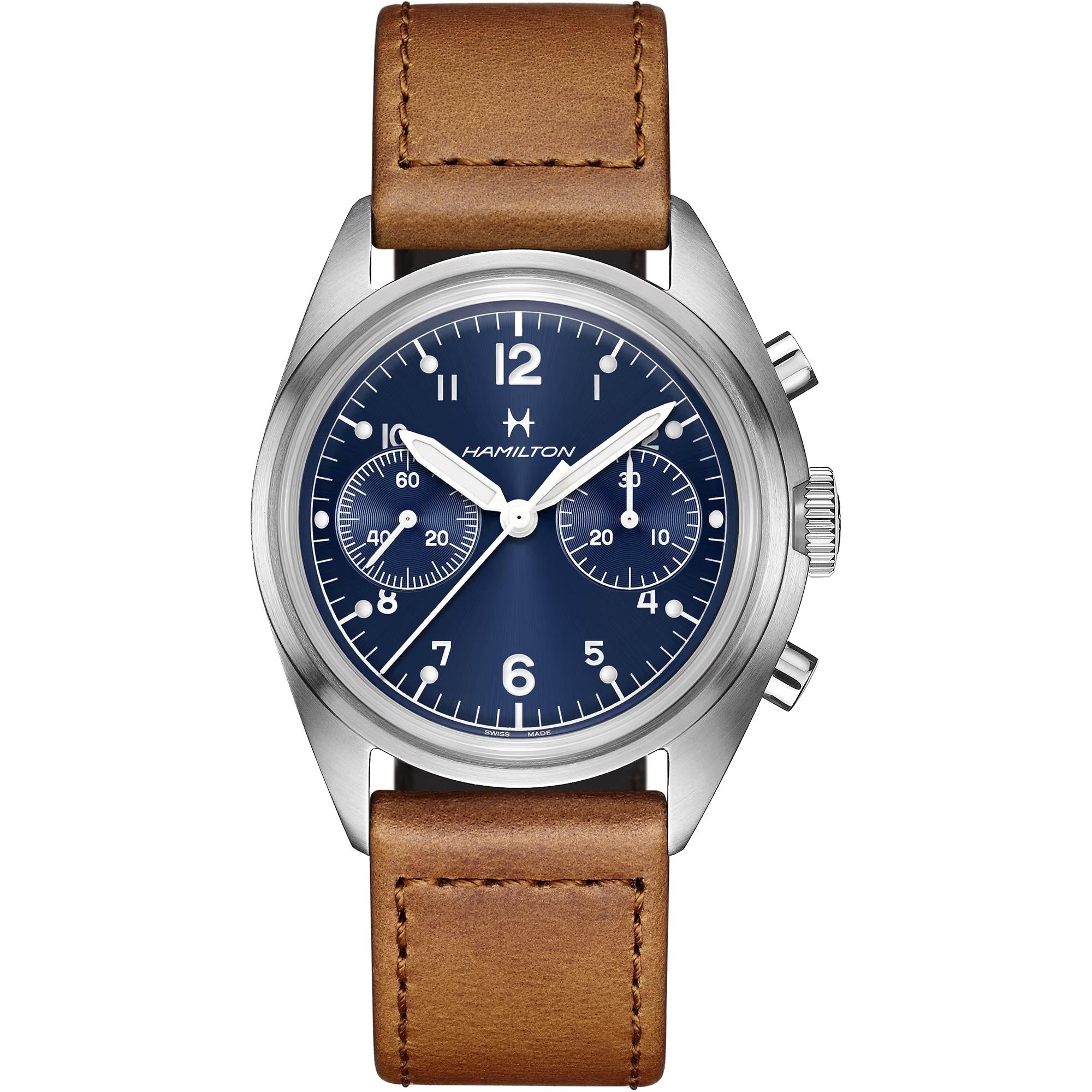 Hamilton Khaki Aviation 40mm Chronograph blue dial brown leather mechanical watch H76409540 front view