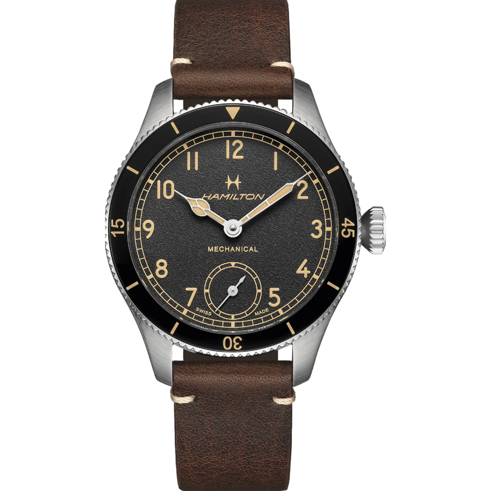 Hamilton Khaki Aviation 43mm Pilot Pioneer black dial dark leather mechanical watch H76719530 front view