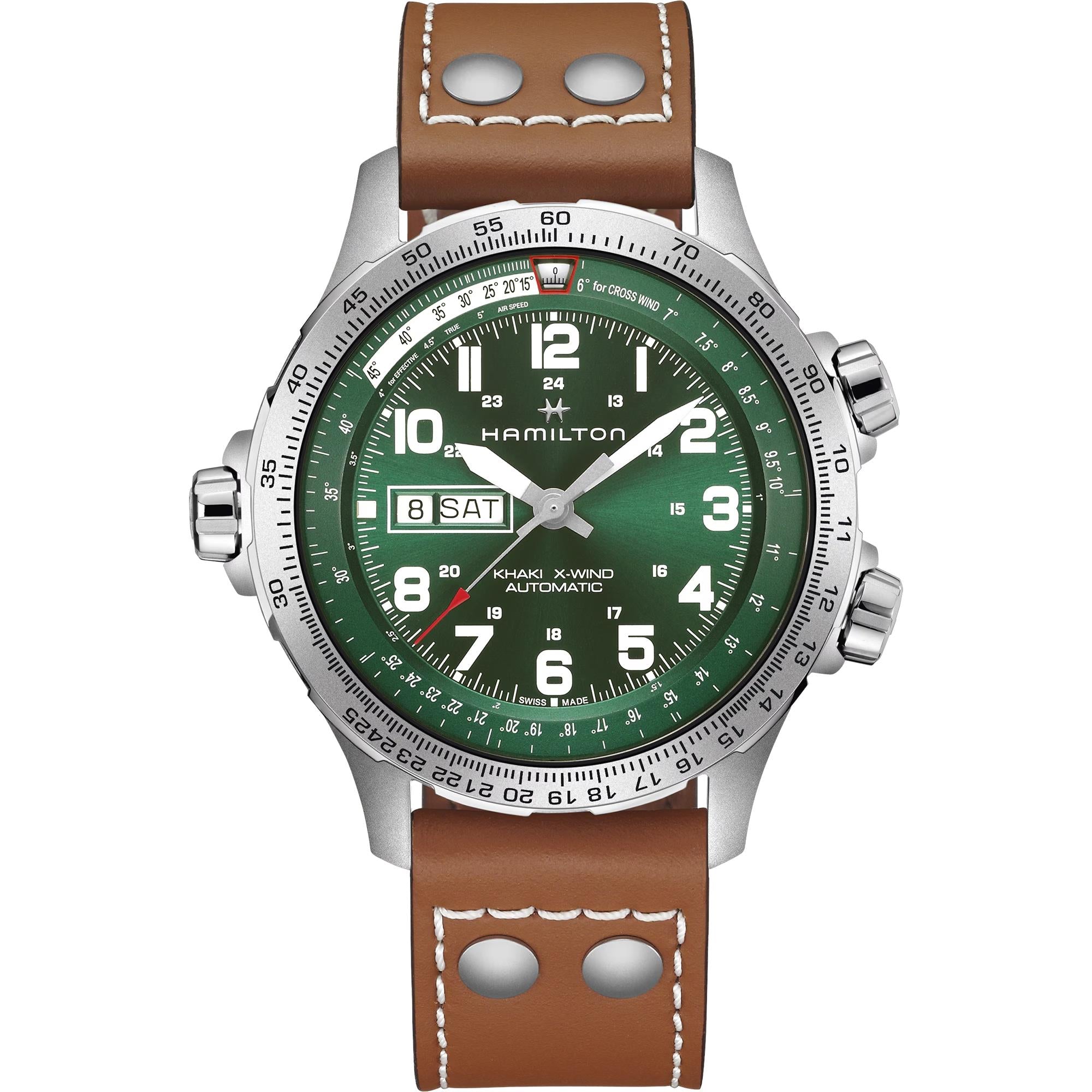 Hamilton Khaki Aviation X-Wind Green Dial Day Date automatic watch H77735560 front view