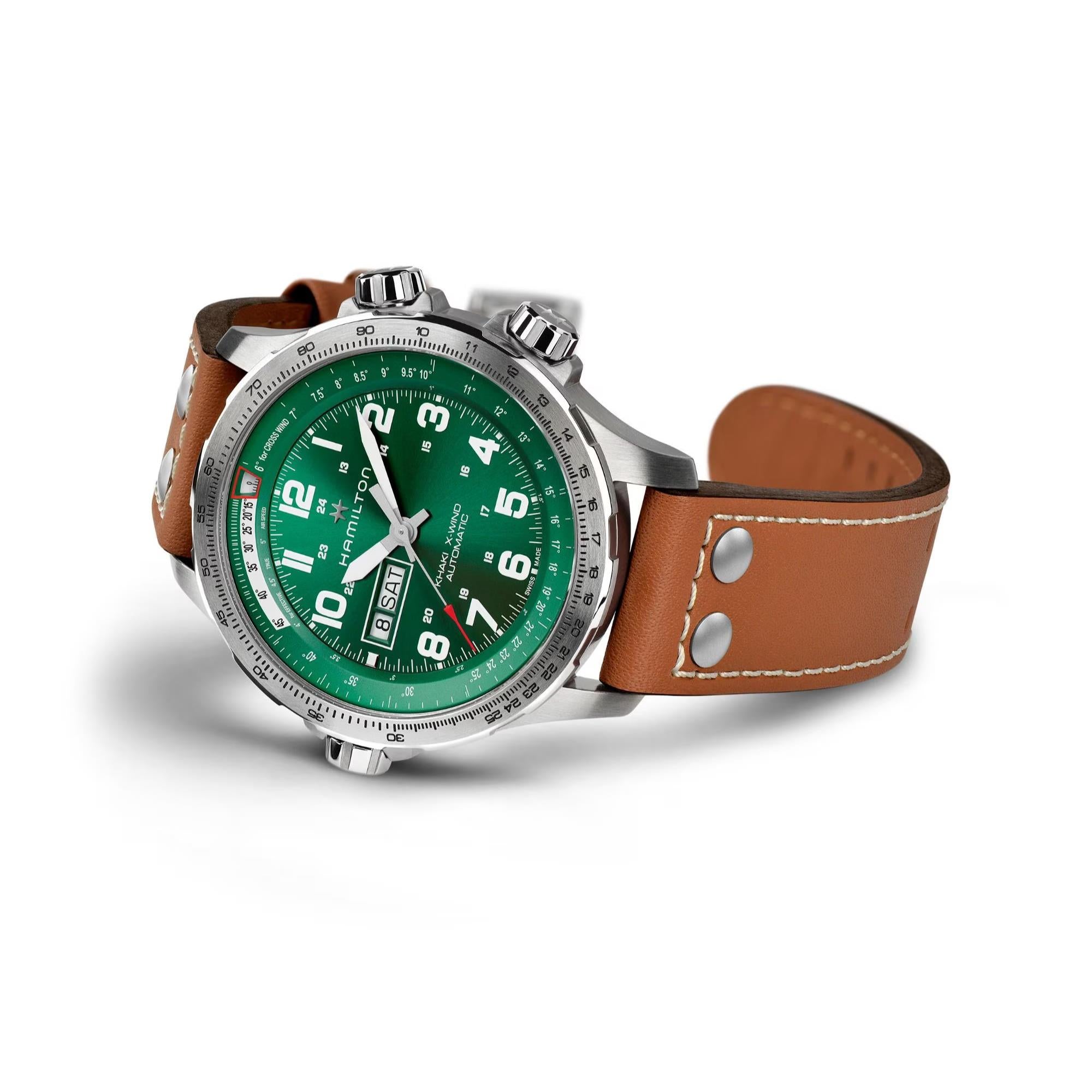 Hamilton Khaki Aviation H77735560 case and brown leather strap and H-buckle detail