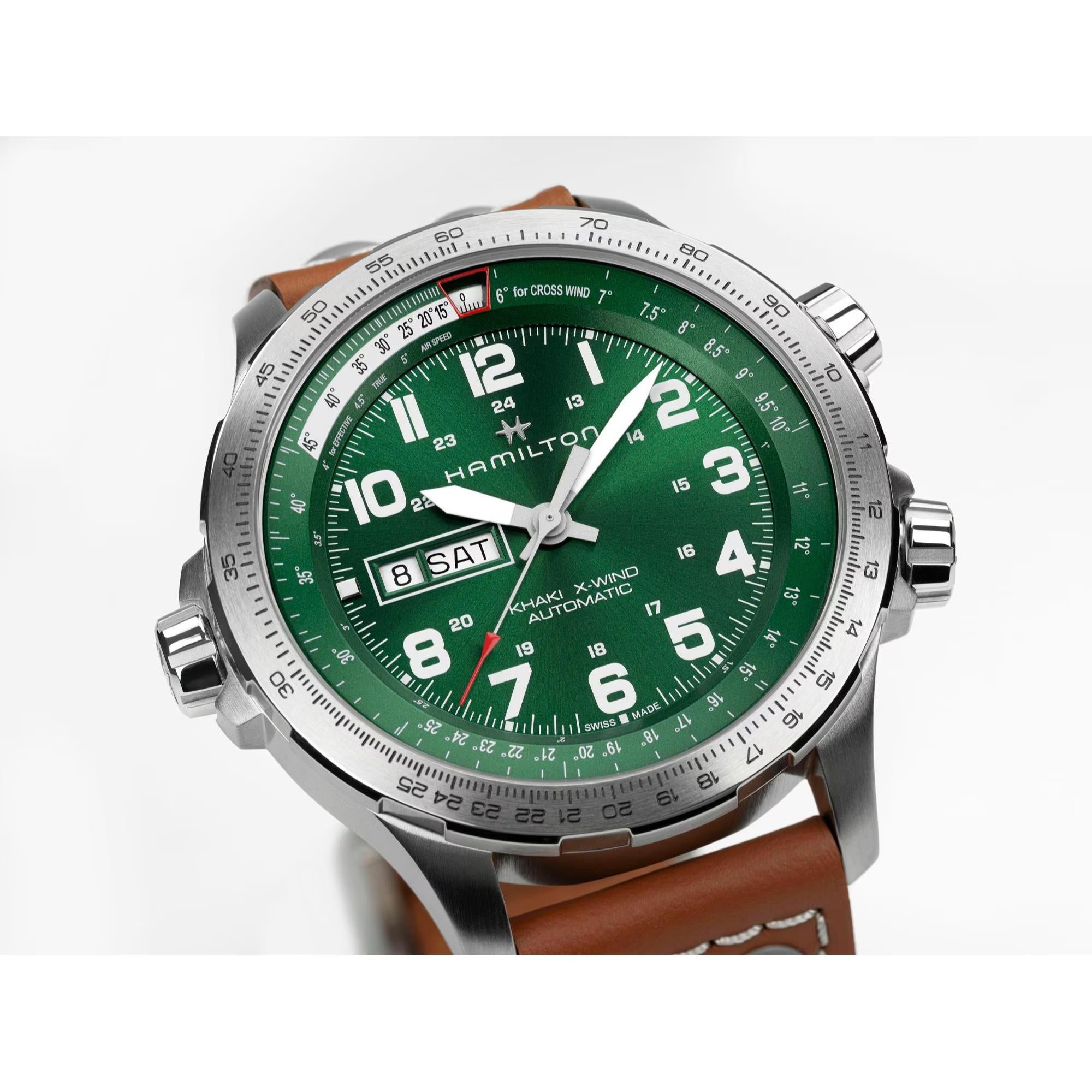 Hamilton Khaki Aviation H77735560 green dial with day-date display at 9 o'clock close-up