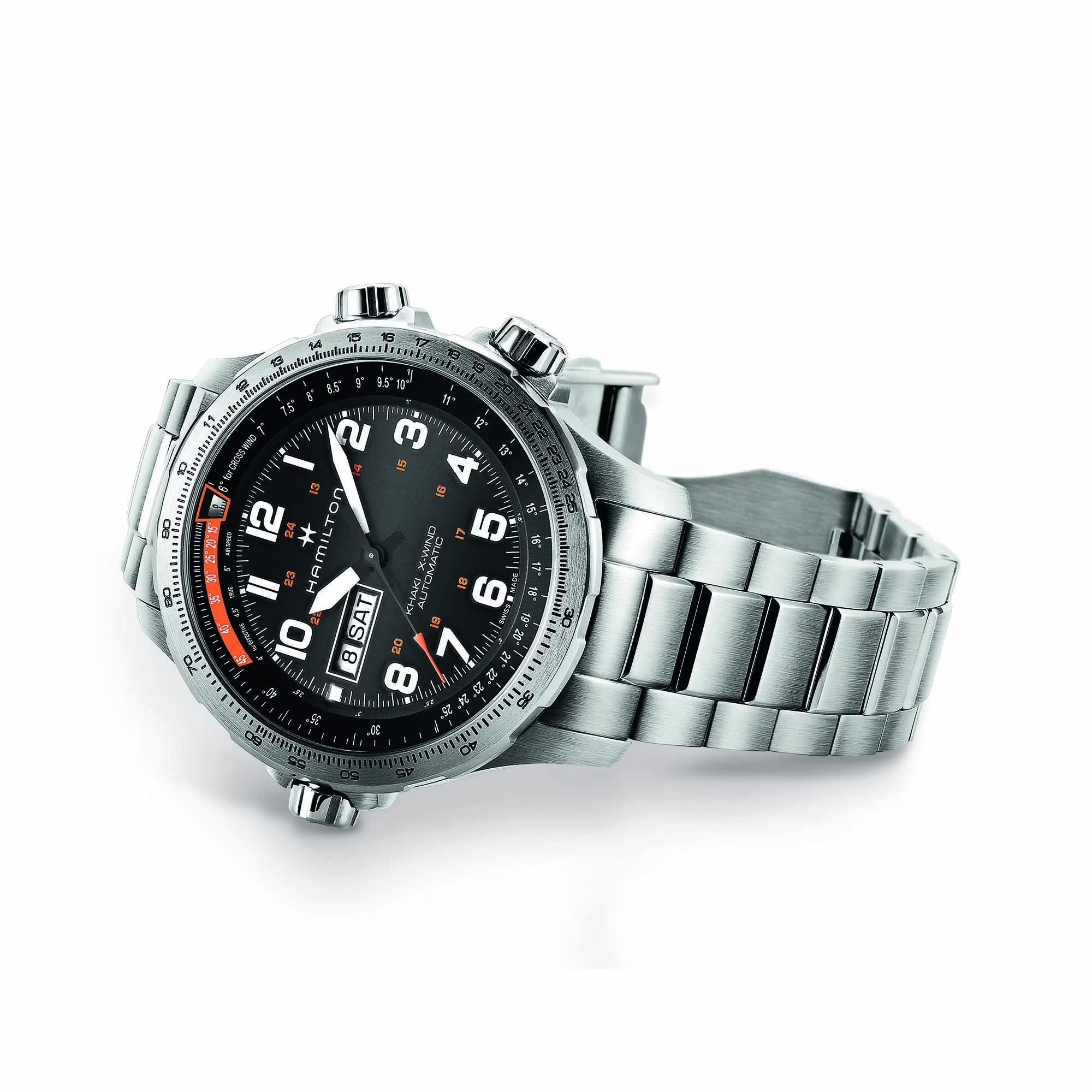 Hamilton Khaki Aviation H77755133 sporty hands, anti-reflective sapphire crystal and stainless steel bracelet watch on white background