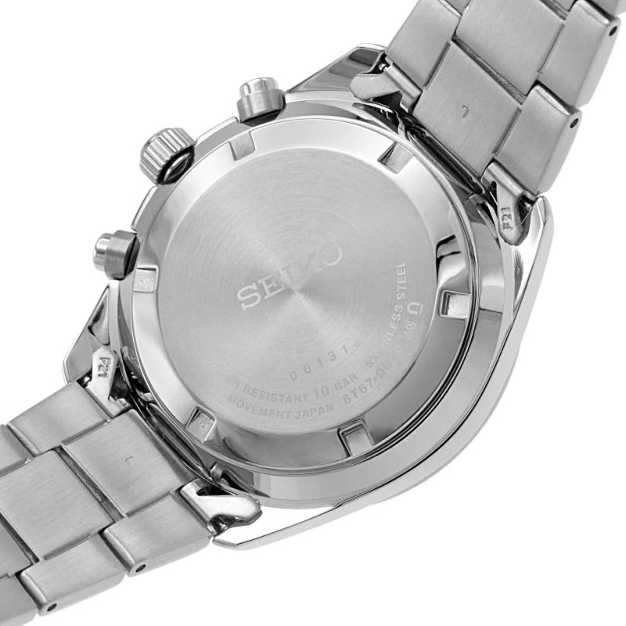 Seiko SSB377P1 caseback showing engraved details and stainless steel construction