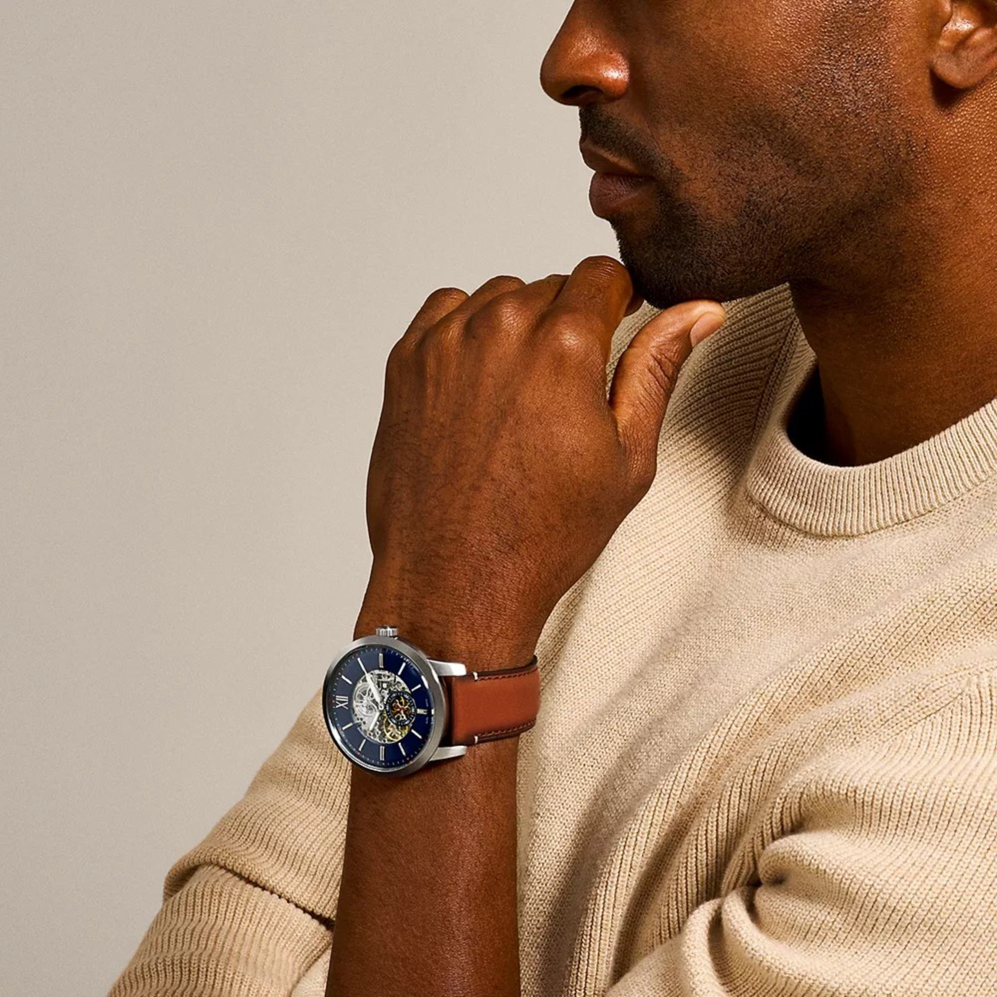 Fossil Townsman 48mm Open Heart Blue Dial Leather Mens Automatic Watch ME3154