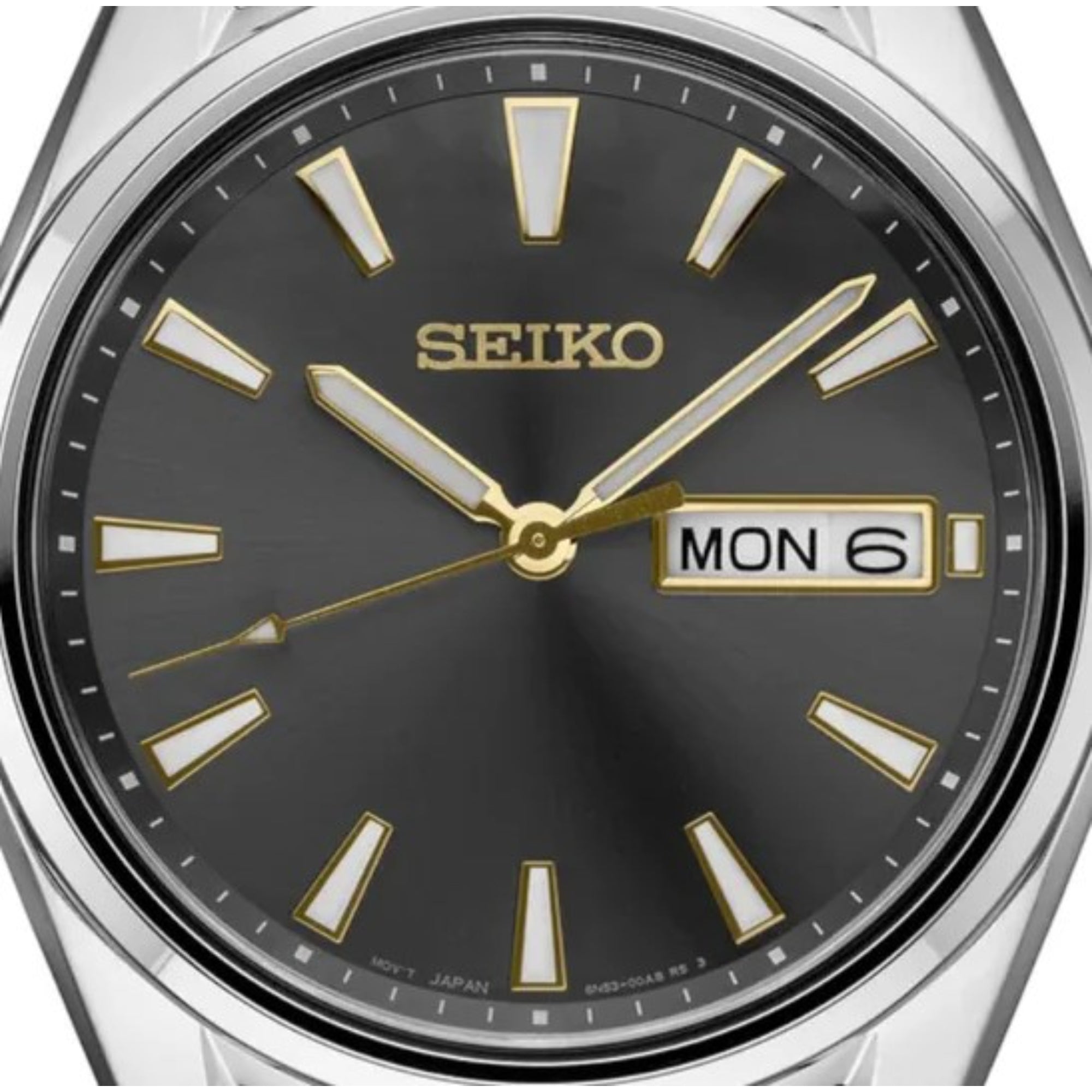 Seiko Essentials SUR343P1 Quartz grey sunburst dial close-up