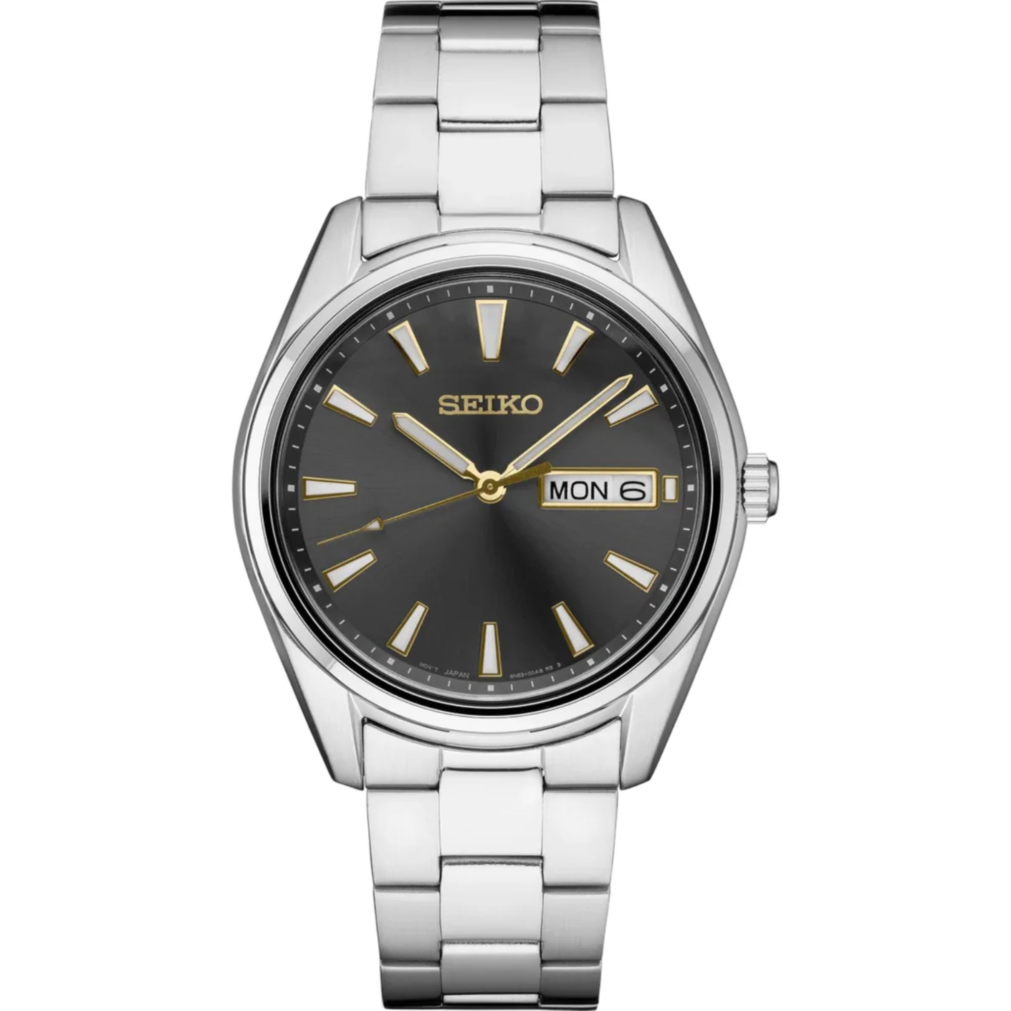 Seiko Essentials SUR343P1 Quartz grey sunburst dial steel bracelet men’s watch on white background