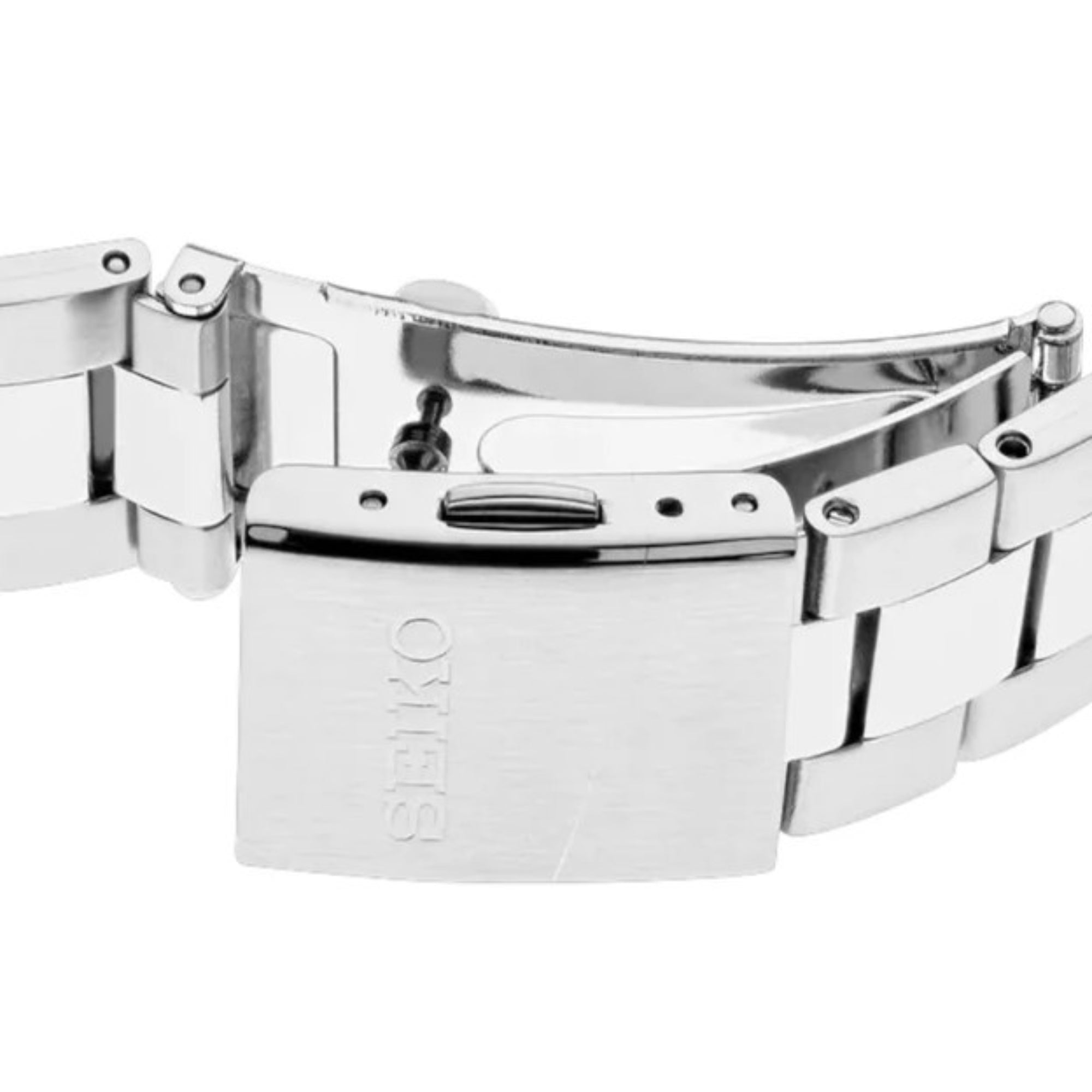 Close-up of Seiko SUR343P1 stainless steel deployment clasp with engraved Seiko logo