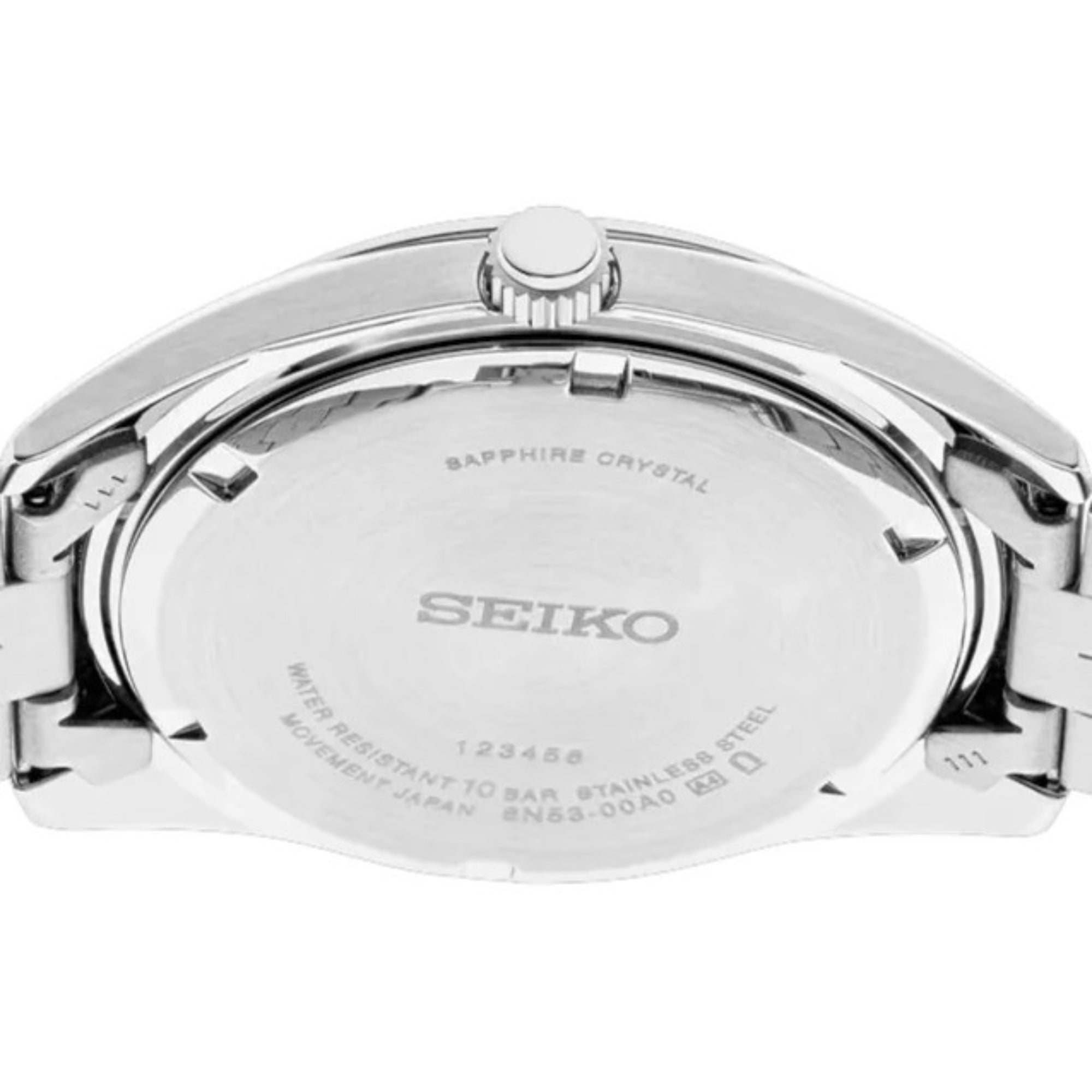 Detailed close-up of Seiko SUR343P1 caseback engravings including Seiko logo and specifications