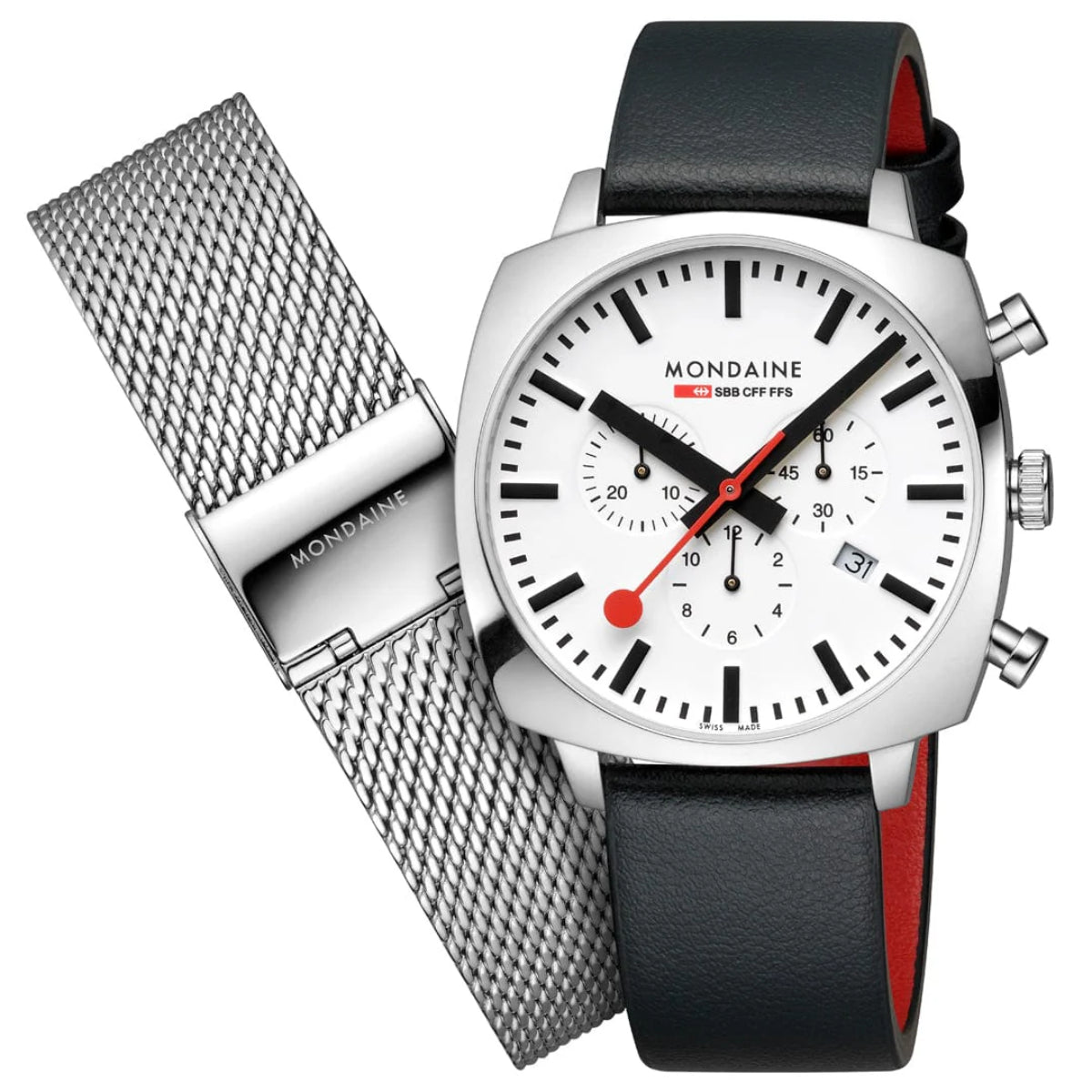 Mondaine Grand 41mm Chronograph White Dial Leather Mens Quartz Watch MSL.41410.LBV.SET