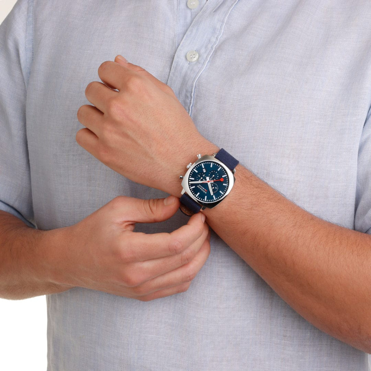 Mondaine Grand Cushion Square Blue Dial Textile Strap Watch MSL.41440.LD.SET