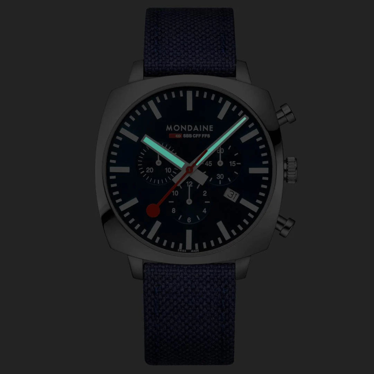 Mondaine Grand Cushion Square Blue Dial Textile Strap Watch MSL.41440.LD.SET