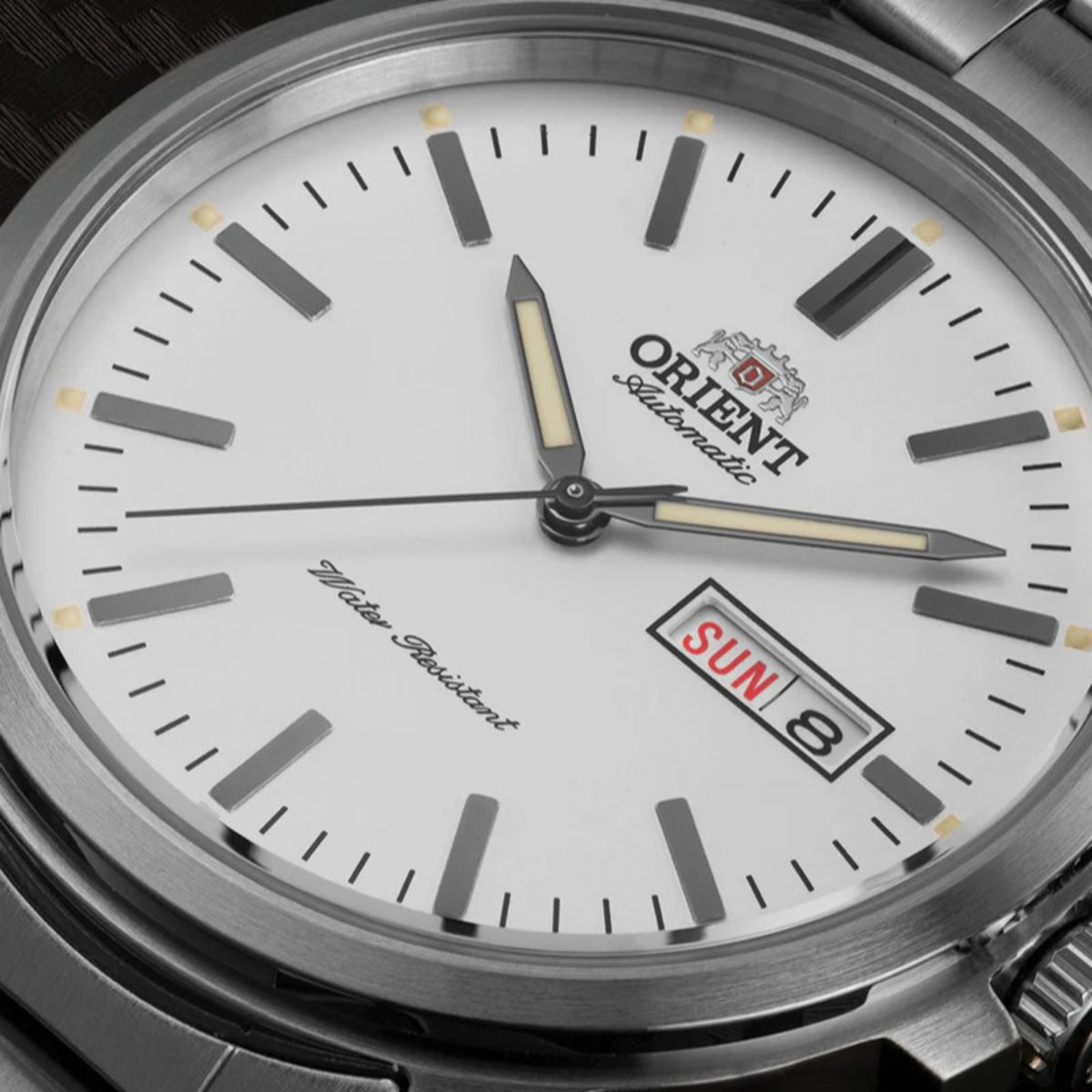 Orient RA-AA0C03S39B white dial with day-date display close-up