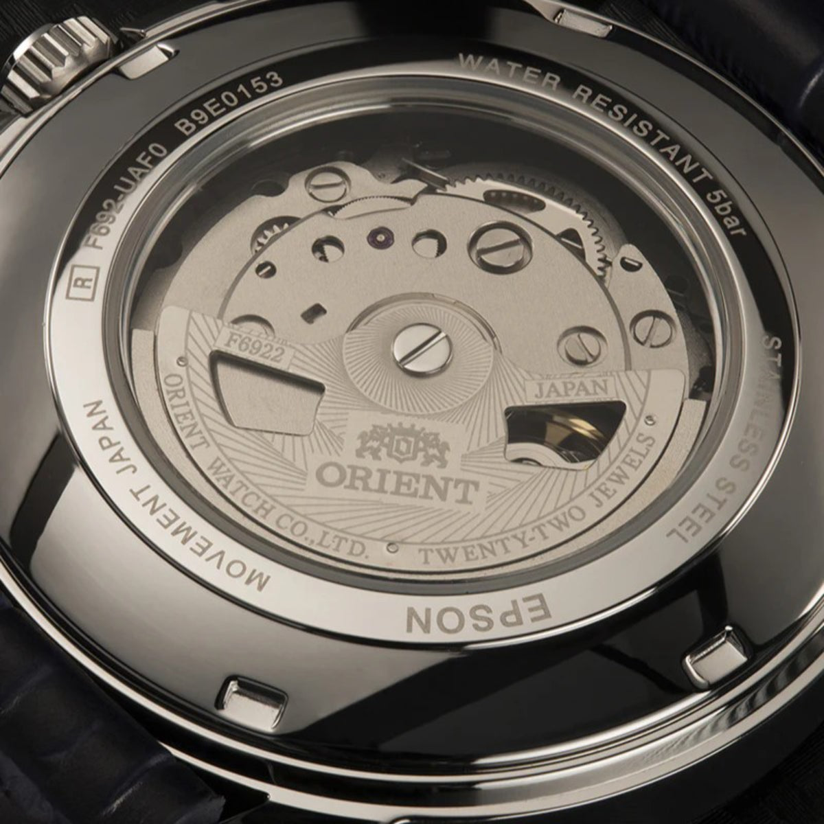 Orient RA-AA0C05L39B caseback close-up showing its automatic movement