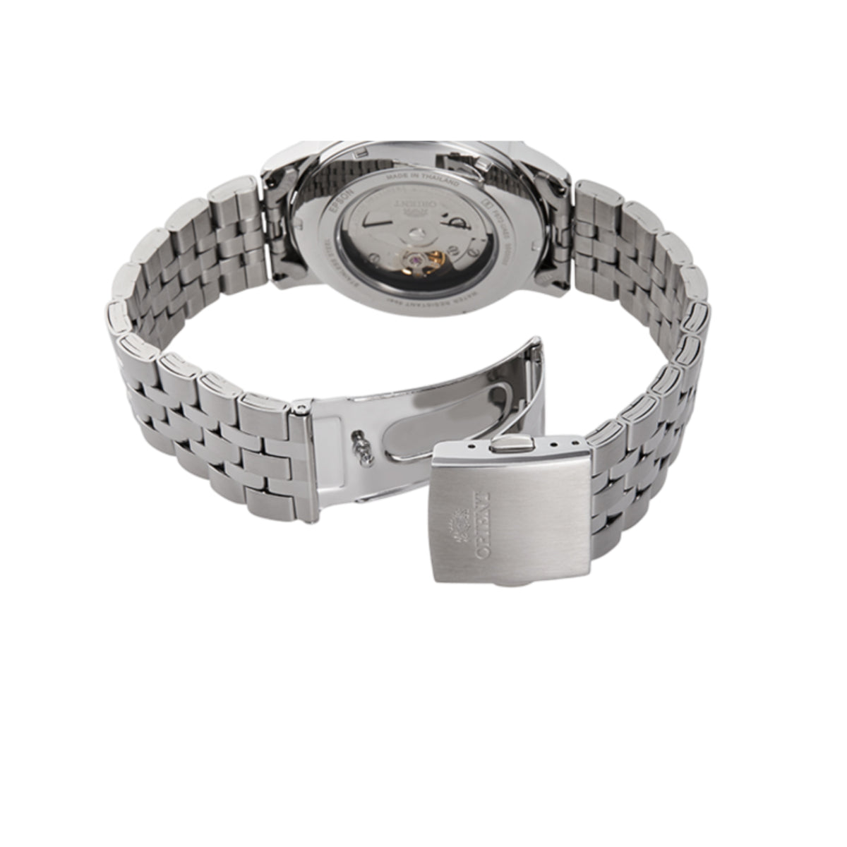 Orient RA-AC0F02S30B stainless steel bracelet and clasp detail