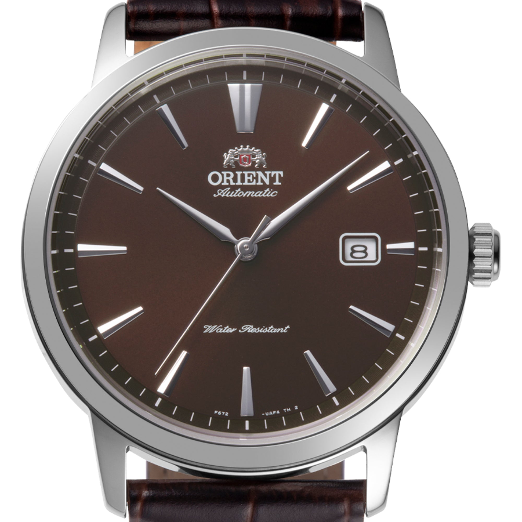 Orient Bambino Classic Vintage Style Automatic Brown Dial Leather Strap Men's Dress Watch RA-AC0F17Y30B Close-up
