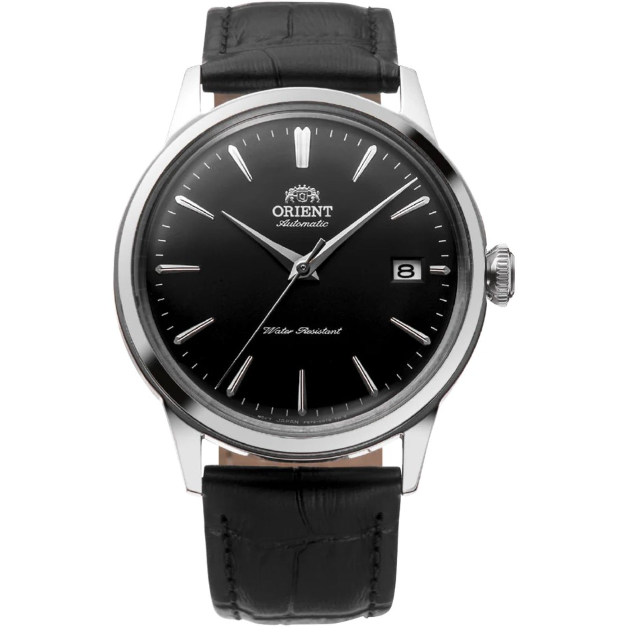 Orient Bambino 38mm Black Dial Leather Strap automatic watch RA-AC0M02B30B front view