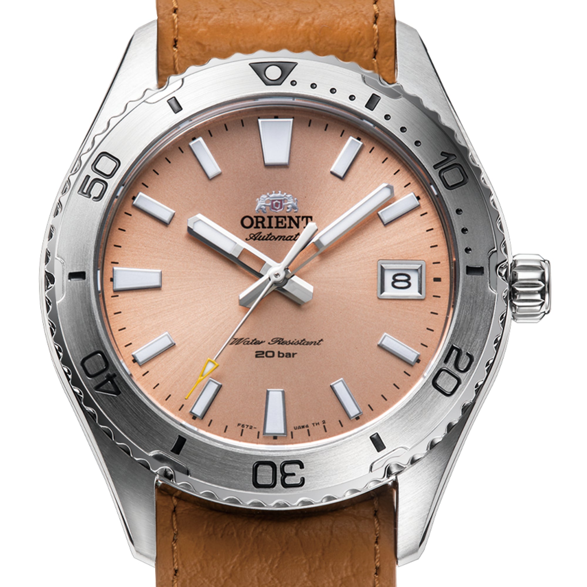 Orient Mako RA-AC0Q05P30B 40mm apricot dial with date display close-up