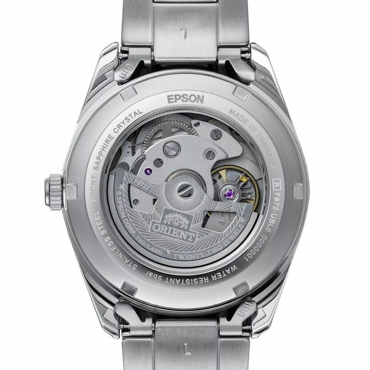 Exhibition caseback of an Orient Bambino automatic watch revealing the movement.
