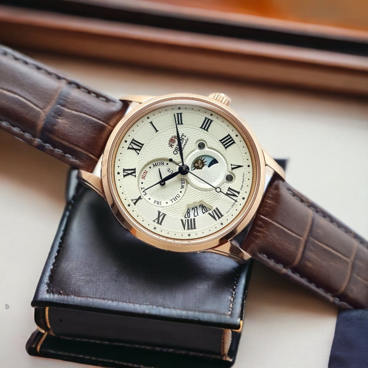 Orient Bambino 42.5mm Sun & Moon Champagne Dial Leather Mens Automatic Watch RA-AK0007S30B