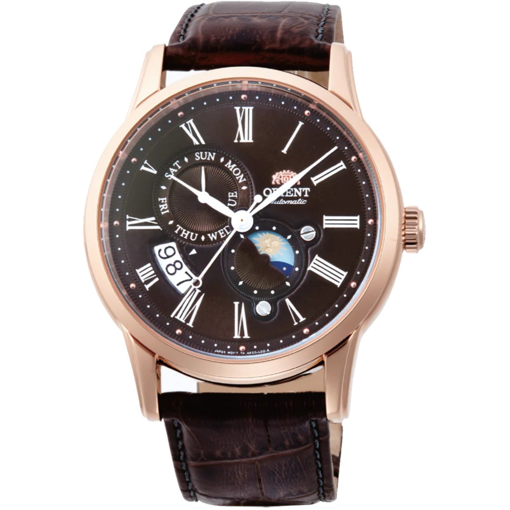 Orient Bambino 42,5mm Sonne und Mond braunes Zifferblatt Leder Herren Automatik Uhr RA-AK0009T30B