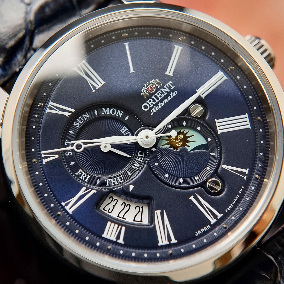 Orient Sun and Moon Blue Dial Leather Strap Men's Watch RA-AK0011D30B