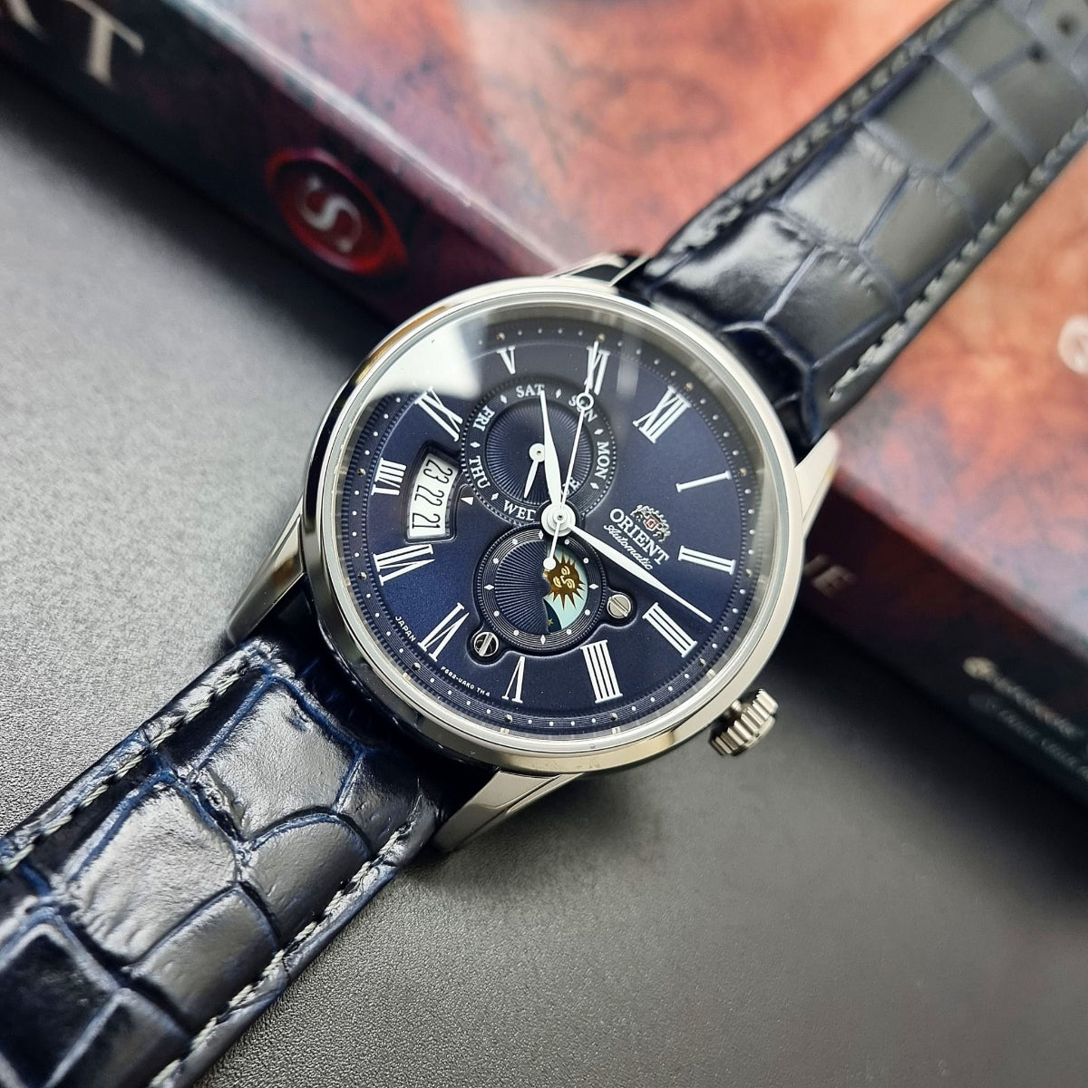 Orient Sun and Moon Blue Dial Leather Strap Men's Watch RA-AK0011D30B