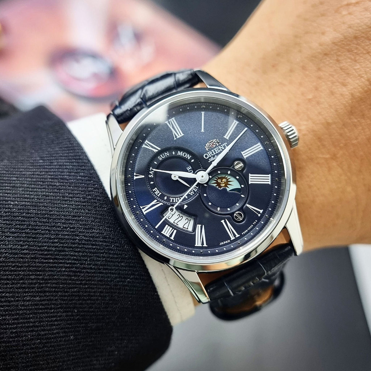 Orient Sun and Moon Blue Dial Leather Strap Men's Watch RA-AK0011D30B